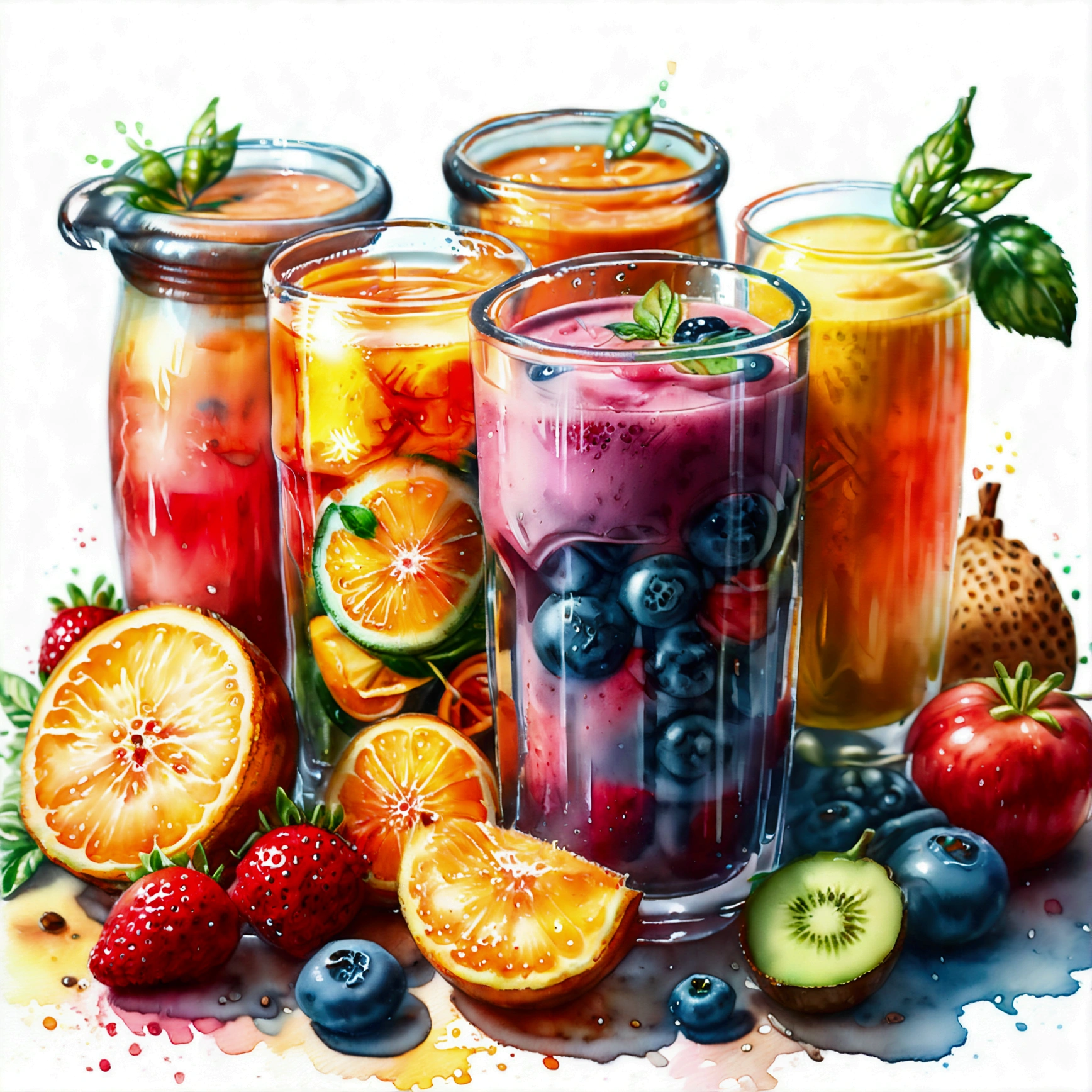 there are many types of colorful healthy drinks served in glasses, the glasses sitting on a surface, juices, smoothie and infused water , illustration, isolated with solid white background, surrounded with negative space, centered composition, highest detailed painting, very precise line, Isolated, clear solid white background, perspective angle of view, ((watercolor:1.5)), (lora:add-detail-xl:1), (masterpiece), (best quality), no bread on the floor, washed out color, (ghibli)