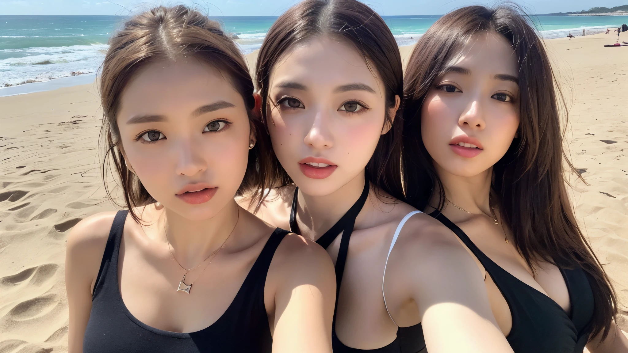 ((Photorealistic Lighting、Highest quality、8K、masterpiece:1.3))、Clear focus:1.2、Browsing Caution (New South Wales) (New South Wales) (New South Wales):1.2,(:1.2)、((Realistic)) , ((Real Light、Highest quality))、Model Body Type:1.4、(Dark brown hair、Proudly:1.2)、short hair、setting、Buckshot、(Age 25:1.3)、Highly detailed face、Detailed eyes、double eyelid、necklace、Wristband、Eyeliner、Colorful Bikinis、 (big), (Black Dress), (Seaside,Beach,Sandy Beach,drink alcohol)