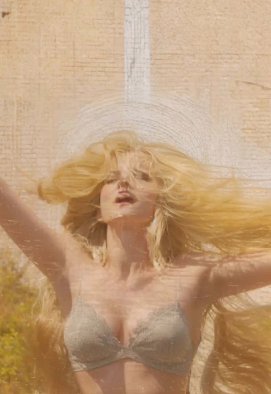 Blonde woman, long hair flowing big in the wind, looking straight up at the sky, strong backlighting, realistic, looking up in fear