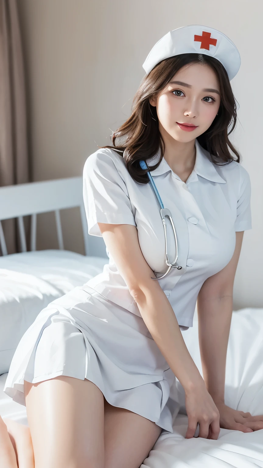 Innocent 25 year old girl，Colossal :1.2,cleavage of the breast:1.2、(pantyshot:1.3) (White nurse uniform:1.5),( White short skirt:1.5),(White nurse cap:1.5),(White Nurse Pump:1.5), Angle:1.2、The background is a hospital room、Smile,short-cut、Raw photo, (8K、top-quality、​masterpiece:1.2)、(intricate detailes:1.4)、(Photorealsitic:1.4)、octane renderings、Complex 3D rendering ultra detail, Studio Soft Light, Rim Lights, vibrant detail, super detailing, realistic skin textures, Detail Face, Beautiful detail eyes, Very detailed CG Unity 16k wallpaper, make - up, (detailedbackground:1.2), shinny skin, Full body