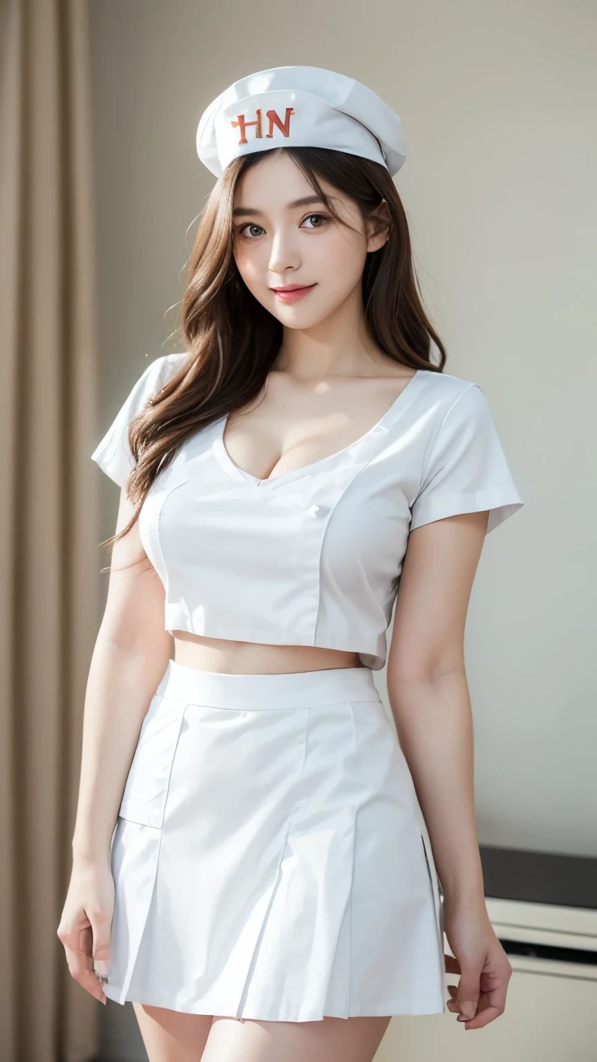 Innocent 25 year old girl,Colossal :1.2,cleavage of the breast:1.2、(pantyshot:1.3) (White nurse uniform:1.5),( White short skirt:1.5),(White nurse cap:1.5),(White Nurse Pump:1.5), Angle:1.2、The background is a hospital room、Smile,short-cut、Raw photo, (8K、top-quality、masterpiece:1.2)、(intricate detailes:1.4)、(Photorealsitic:1.4)、octane renderings、Complex 3D rendering ultra detail, Studio Soft Light, Rim Lights, vibrant detail, super detailing, realistic skin textures, Detail Face, Beautiful detail eyes, Very detailed CG Unity 16k wallpaper, make - up, (detailedbackground:1.2), shinny skin, Full body
