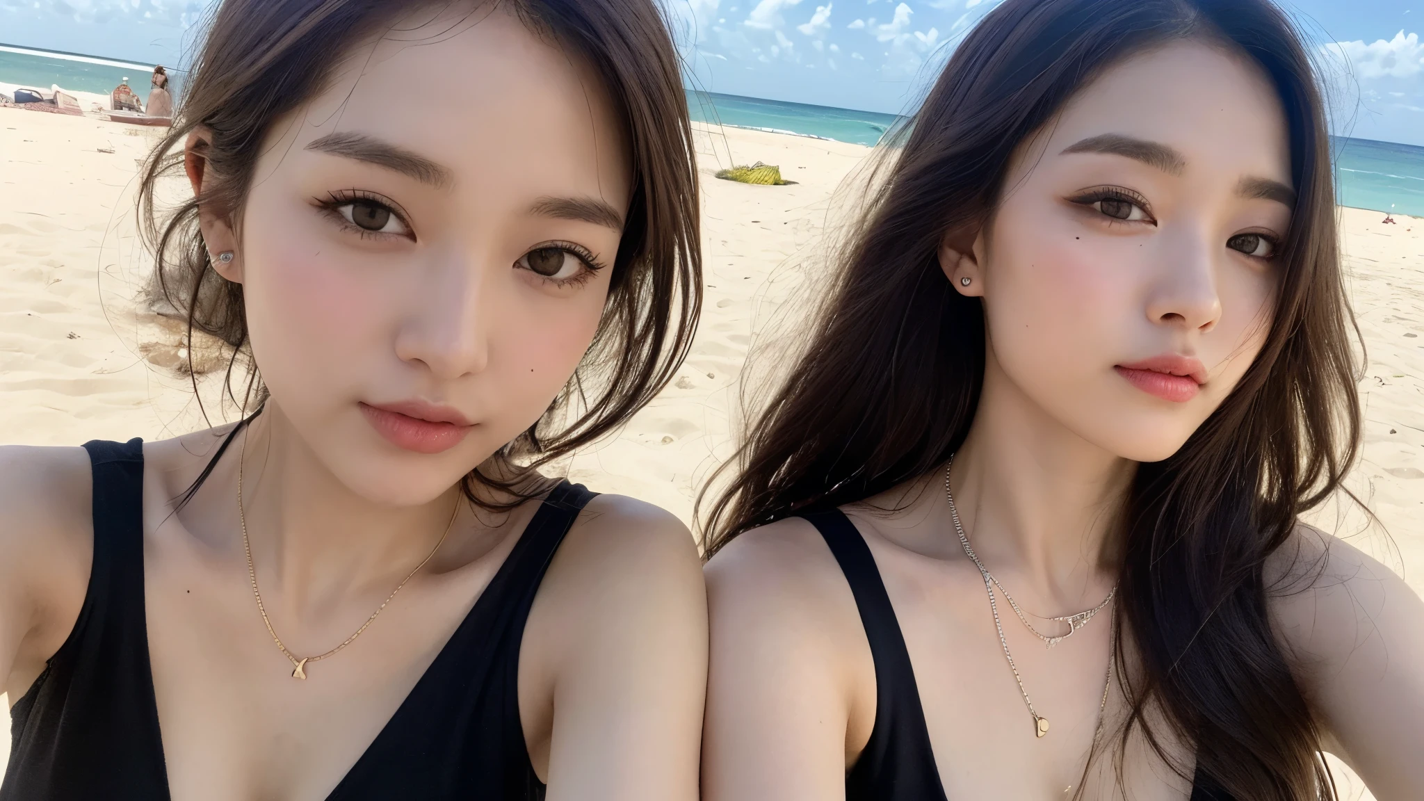 ((Photorealistic Lighting、Highest quality、8K、masterpiece:1.3))、Clear focus:1.2、Browsing Caution (New South Wales) (New South Wales) (New South Wales):1.2,(:1.2)、((Realistic)) , ((Real Light、Highest quality))、Model Body Type:1.4、(Dark brown hair、Proudly:1.2)、short hair、setting、Buckshot、(Age 25:1.3)、Highly detailed face、Detailed eyes、double eyelid、necklace、Wristband、Eyeliner、Colorful Bikinis、 (big), (Black Dress), (Seaside,Beach,Sandy Beach,drink alcohol)