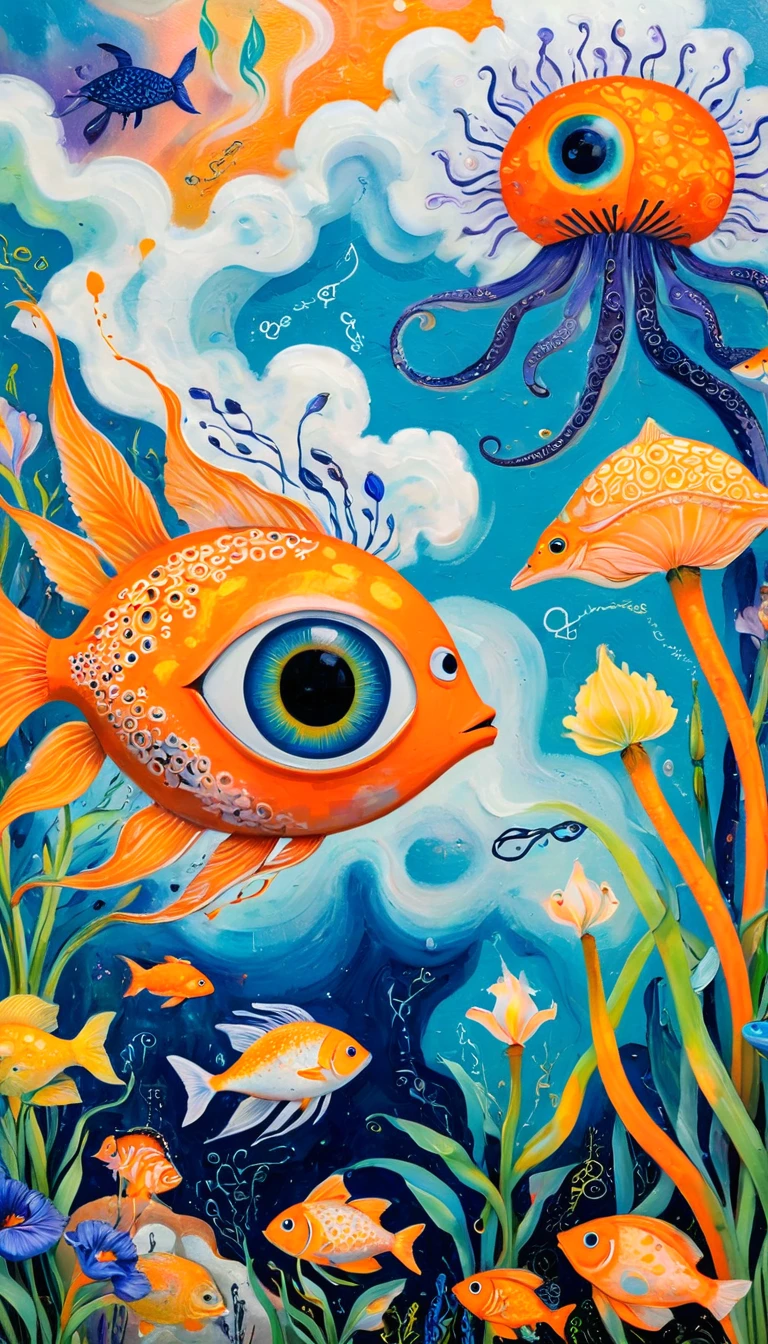 Children's graffiti,Thick coating,Texture,Oil pastel strokes:A cloud,、iris、fish、Tentacles、bird、Eye、diatom,Abstract mosaic painting,Describing the inner world of autistic people,Sense of space,White Space,interesting,Innocence,Psychedelic Art,Orange overall