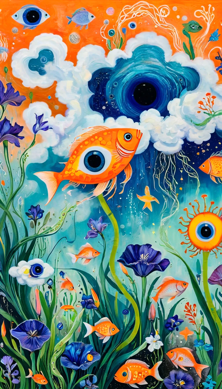 Children's graffiti,Thick coating,Texture,Oil pastel strokes:A cloud,、iris、fish、Tentacles、bird、Eye、diatom,Abstract mosaic painting,Describing the inner world of autistic people,Sense of space,White Space,interesting,Innocence,Psychedelic Art,Orange overall