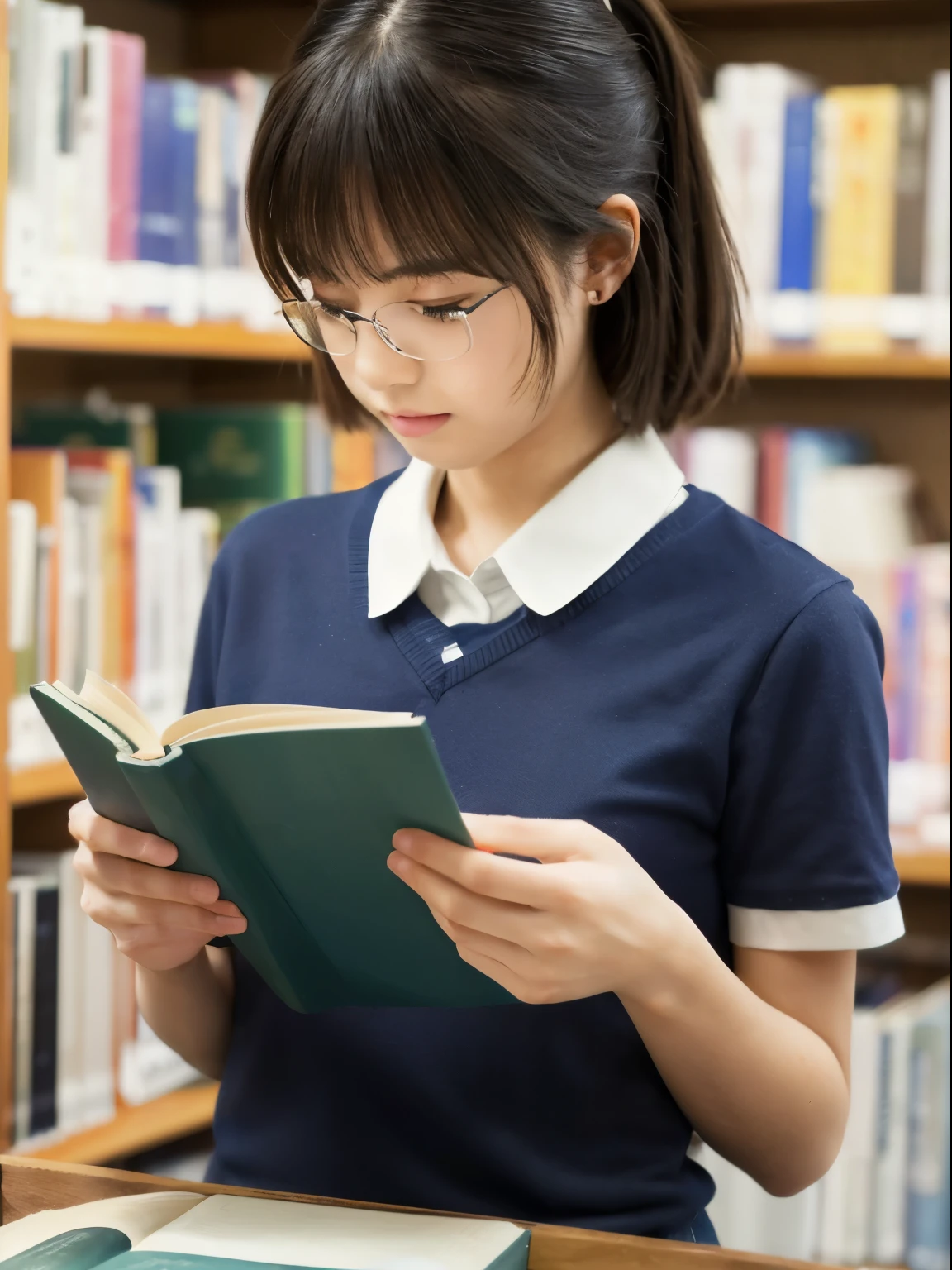 (8k, RAW Photos, Realistic: 1.25), masterpiece, highest quality, Ultra HD, Very beautiful and elegant Japanese woman, 15 years old, i always wear glasses, Beautiful black hair, Beautiful Skin, Beautiful Eyes, Non-slim body, Realisticで詳細な日本の高校の制服, Sailor suit, Navy Pleated Skirt,Realistic and detailed school library, Reading a book in the library, Random Pause
