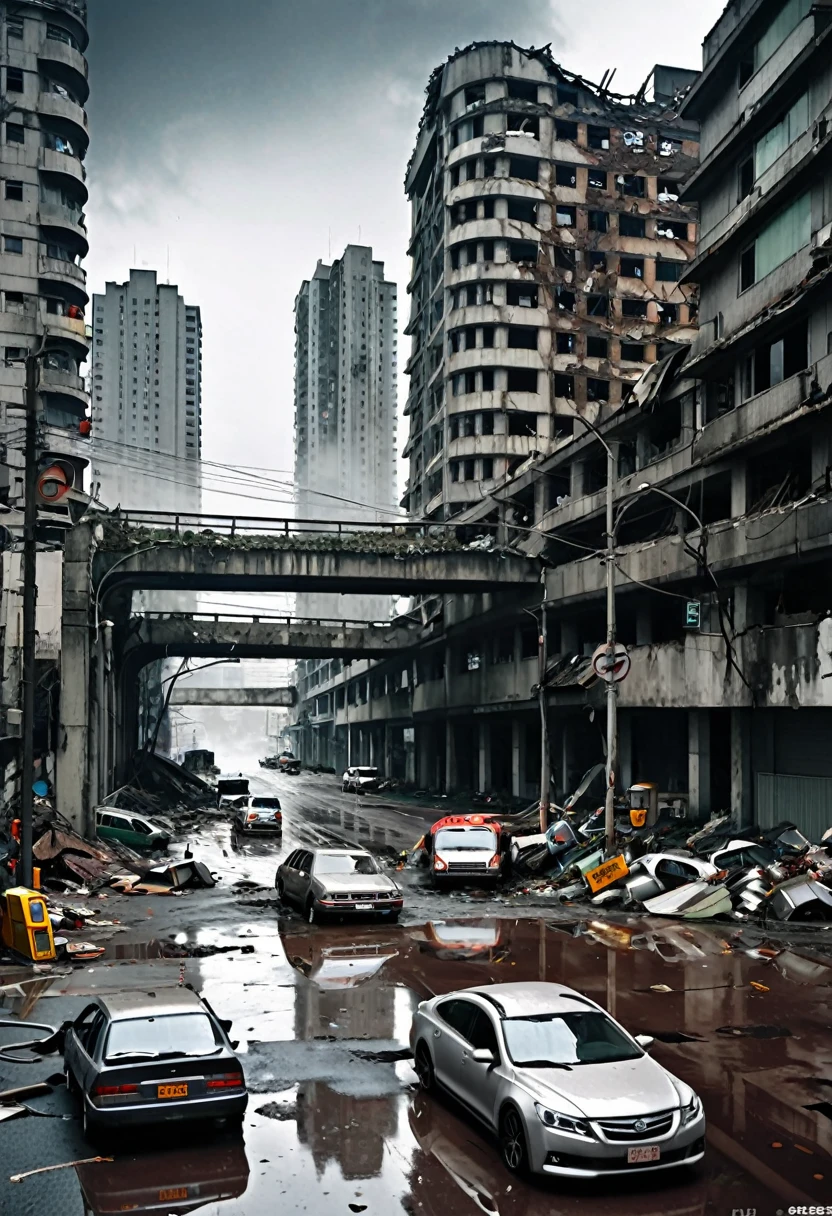 Image taken from a height of 1 metre。The crumbling grey concrete curved viaduct、Supported by wide, tall car pillars、Passing through the heart of a modern, ultra-futuristic, ruined city、Rusty, abandoned and dirty cars and buses standing upside down on the street。, Dirty modern circular building in ruins and crumbling, Gray Environment, night空, dark, night, Images with shades of grey, Rain and puddles on the ground, Nuclear apocalypse with smoke rising from buildings, The traffic lights went out and the electric pole fell over.、Cityscape with electric pole wires lying on the ground, There is a rusty chain link fence around the building., Signs and lights go out、Falling from buildings。, Many buildings are collapsing on the horizon, Some buildings have collapsed, Debris and trash on the street, There is a girl with dirty clothes, Walking down the street in torn clothes and with his hood up, looking at the horizon, Be as realistic as possible, high quality, 4K, Ultra-detailed