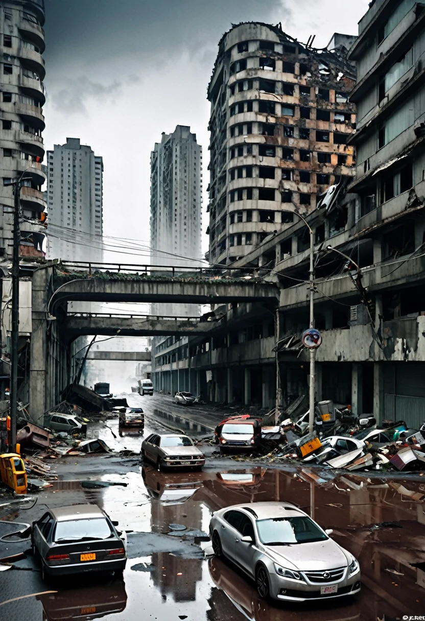Image taken from a height of 1 metre。The crumbling grey concrete curved viaduct、Supported by wide, tall car pillars、Passing through the heart of a modern, ultra-futuristic, ruined city、Rusty, abandoned and dirty cars and buses standing upside down on the street。, Dirty modern circular building in ruins and crumbling, Gray Environment, night空, dark, night, Images with shades of grey, Rain and puddles on the ground, Nuclear apocalypse with smoke rising from buildings, The traffic lights went out and the electric pole fell over.、Cityscape with electric pole wires lying on the ground, There is a rusty chain link fence around the building., Signs and lights go out、Falling from buildings。, Many buildings are collapsing on the horizon, Some buildings have collapsed, Debris and trash on the street, There is a girl with dirty clothes, Walking down the street in torn clothes and with his hood up, looking at the horizon, Be as realistic as possible, high quality, 4K, Ultra-detailed