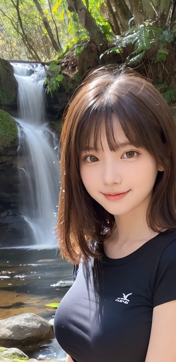 A girl, (beautiful girl, delicate girl:1.3), (:1.3),
rest, (Solid color T-shirt:1.2),
rest, (Small waterfall background:1.2),
rest, Smile, Very beautiful eyes, (Symmetrical eyes:1.3),
rest, (Large Breasts:1.3), Brown eyes, #5: Parted Bangs, Brown Bob hairstyle, Round Face, Lovely,
rest, (Eyes and facial details:1.0),
rest, (masterpiece, best quality, Very detailed, Delicate face, 8K)