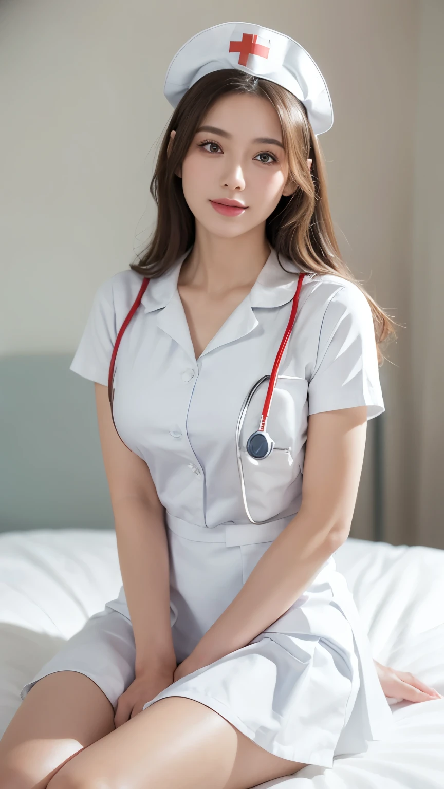 Innocent 25 year old girl，Colossal :1.2,cleavage of the breast:1.2、(pantyshot:1.3) (White nurse uniform:1.5),( White short skirt:1.5),(White nurse cap:1.5),(White Nurse Pump:1.5), Angle:1.2、The background is a hospital room、Smile,short-cut、Raw photo, (8K、top-quality、​masterpiece:1.2)、(intricate detailes:1.4)、(Photorealsitic:1.4)、octane renderings、Complex 3D rendering ultra detail, Studio Soft Light, Rim Lights, vibrant detail, super detailing, realistic skin textures, Detail Face, Beautiful detail eyes, Very detailed CG Unity 16k wallpaper, make - up, (detailedbackground:1.2), shinny skin, Full body