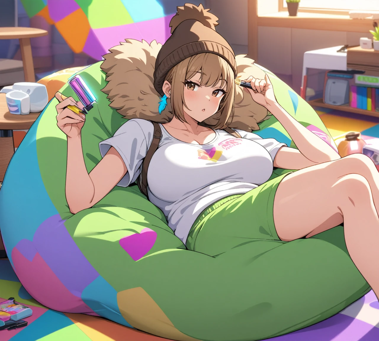 Adult female, mature, very short shaggy brown hair, wolf cut style hair, brown beanie, brown eyes, baggy hipster clothes, tanktop, colorful hipster room, chill demeanor, nonchalant, neutral expression, one blue feather earring, leaning back on bean bag, holding lighter, fully clothed, highly detailed, specific detail, perfect detail, perfect eyes, perfect hands