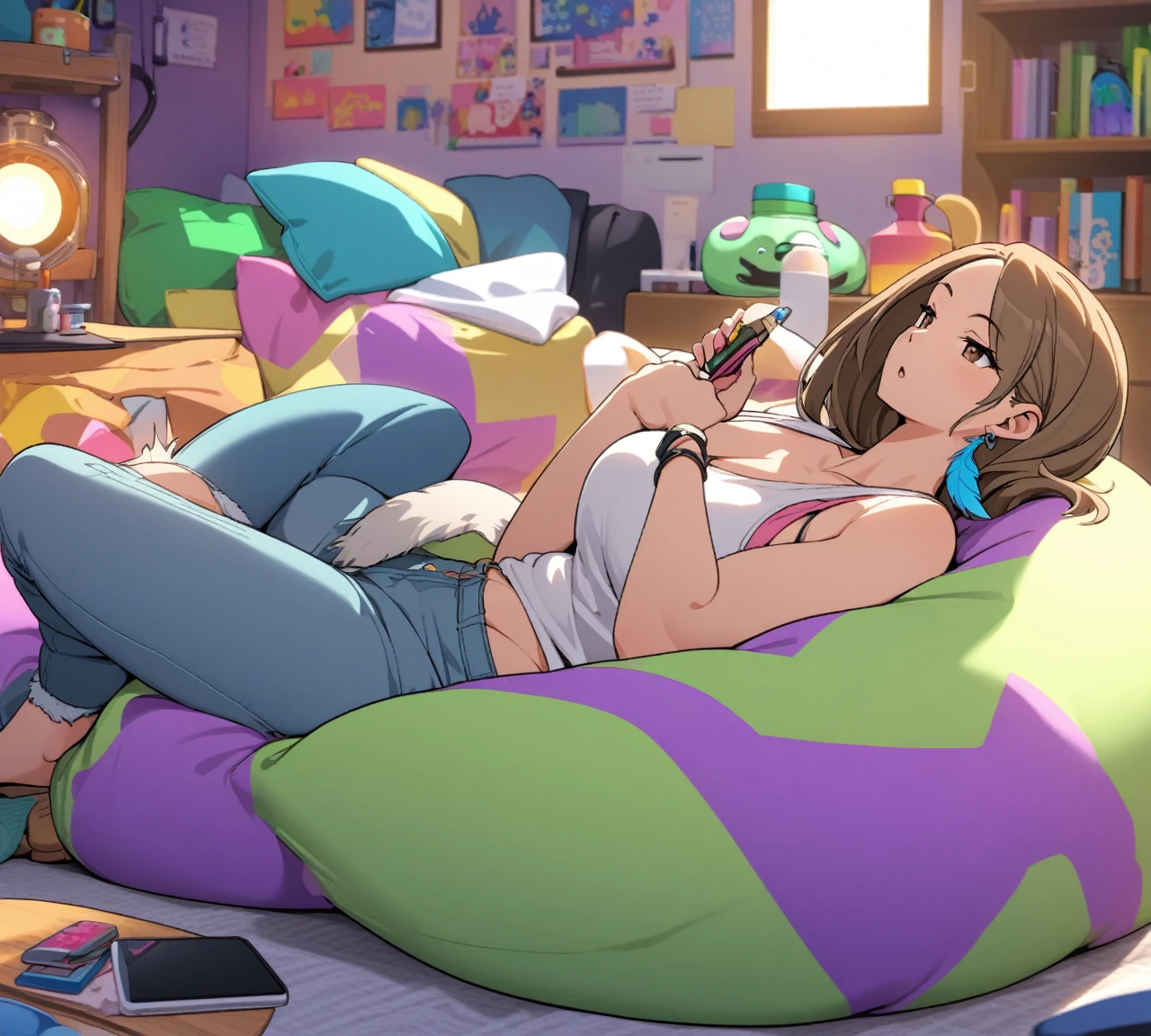 Adult female, mature, very short shaggy brown hair, wolf cut style hair, brown beanie, brown eyes, baggy hipster clothes, tanktop, colorful hipster room, chill demeanor, nonchalant, neutral expression, one blue feather earring, leaning back on bean bag, holding lighter, fully clothed, highly detailed, specific detail, perfect detail, perfect eyes, perfect hands