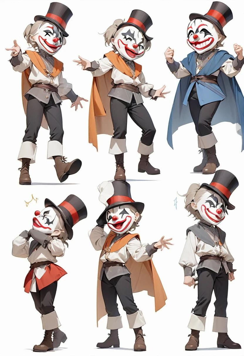 ({masterpiece}},{best quality,}，white background,full body，middle Ages,clown mask，Top Hat，Lively，Handsome，Lean，({masterpiece}},{best quality}
