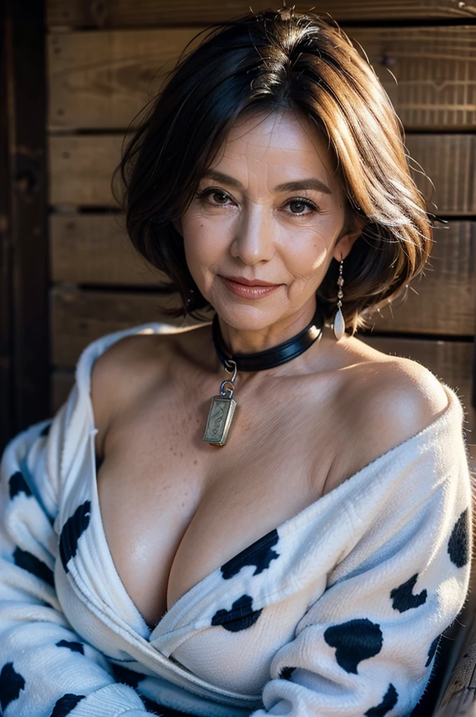 (masterpiece:1.4),(Beautiful 69 year old woman:1.5),(Facial wrinkles : 1.2),(large cow-bell wrapped around her neck : 1.2), (fluffy bikini with cow-print : 1.1), fluffy fabric, fluffy blanket, (plump body : 1), extremely white skin, pores, skin blemishes, dull skin, gentle smile, wavy hair, enormous saggy breasts, (hanging breasts), on a barn, twilight time, detailed backgrounds,