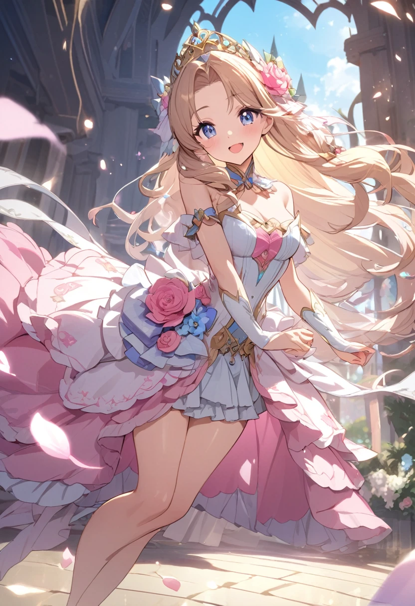 (kawaii),(best quality),(ultra detailed),(rococo style),(long train pastel pink cape:1.15), very long cape,(long train white ball gown with flower decorations:1.1), a girl is wearing a cape over her gown,(she has a western style fan:1.05), 1 little princess, tiara, smile, very long hair, small breasts, beautiful detailed eyes, beautiful detailed lips