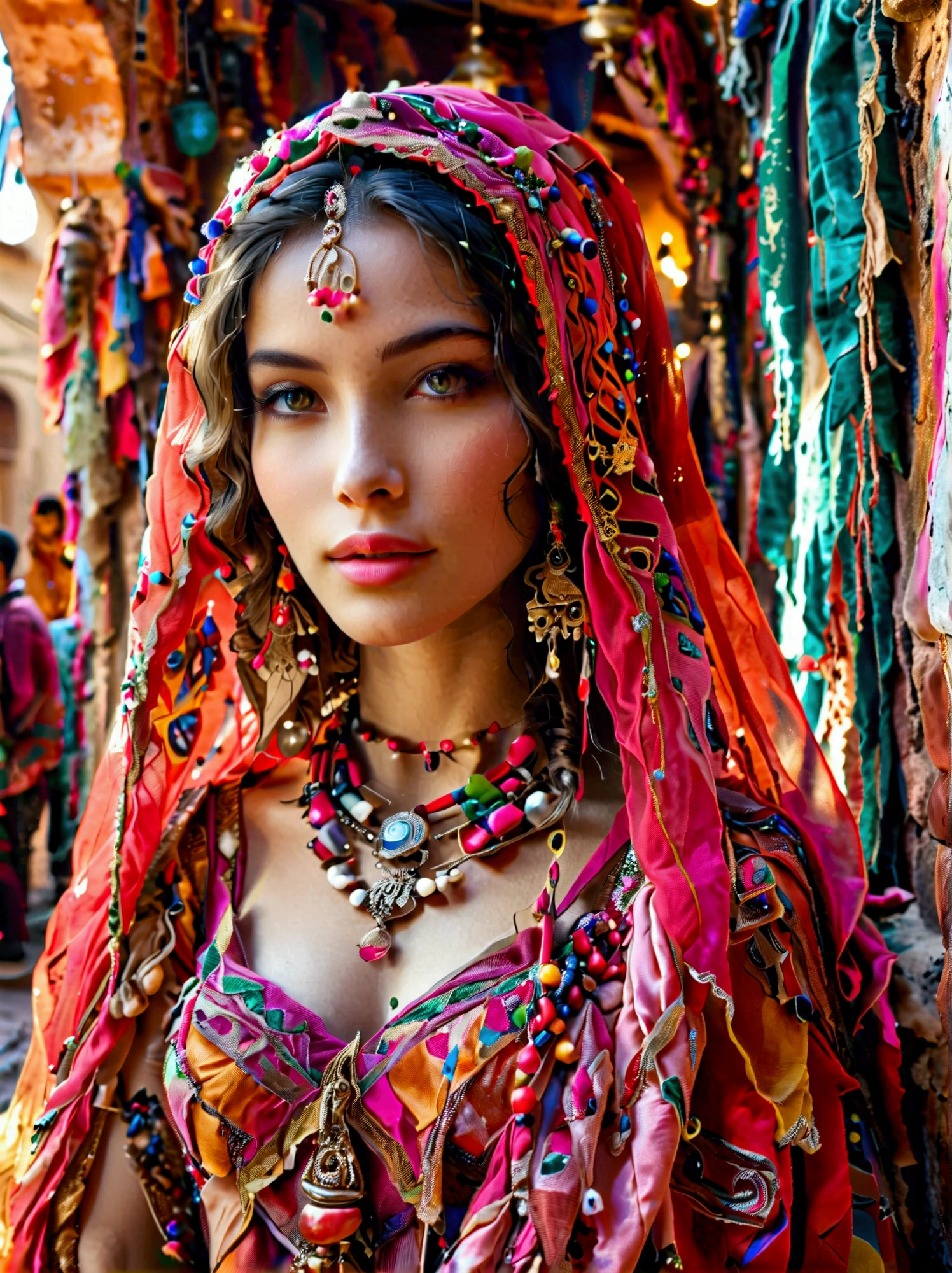 Desert Princess, dressed in vibrant traditional attire, steeped in an atmosphere brimming with magic and whimsy, similar to the setting of a classic animation movie poster. She poses eloquently within the enchanting casbah of Algiers, generally captured using a wide-angle lens, showcasing the grandeur of the location, exhibiting an effusive display of color and vibrancy. Special emphasis is placed on depicting the essence of North African culture and heritage, embodying the royal and feminine spirit that is innate within her