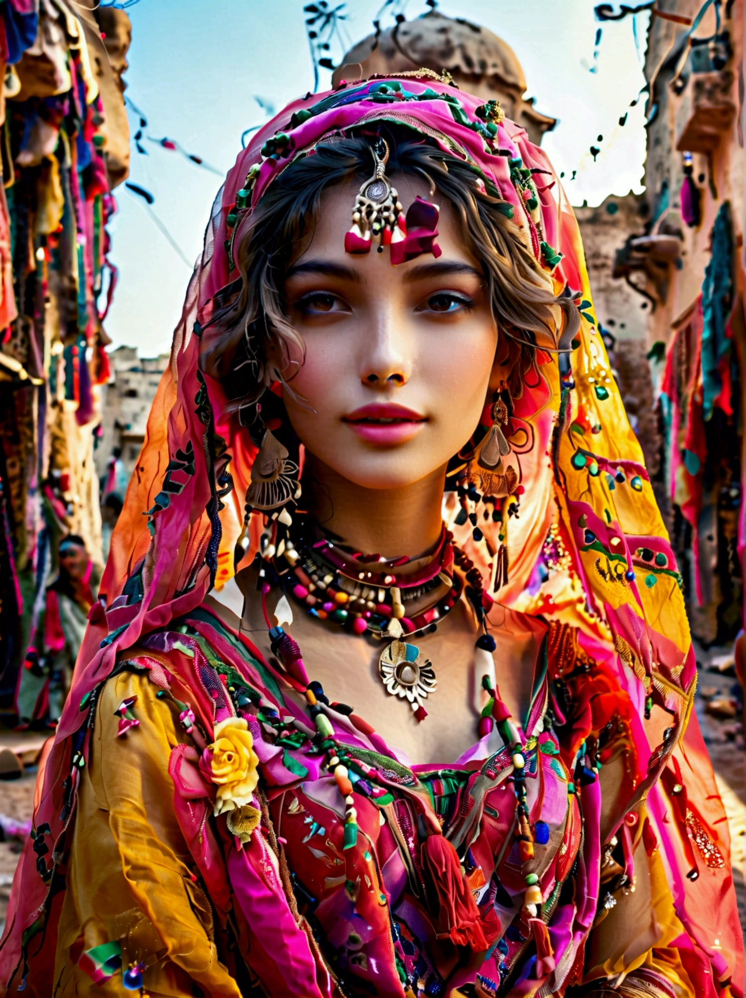 Desert Princess, dressed in vibrant traditional attire, steeped in an atmosphere brimming with magic and whimsy, similar to the setting of a classic animation movie poster. She poses eloquently within the enchanting casbah of Algiers, generally captured using a wide-angle lens, showcasing the grandeur of the location, exhibiting an effusive display of color and vibrancy. Special emphasis is placed on depicting the essence of North African culture and heritage, embodying the royal and feminine spirit that is innate within her