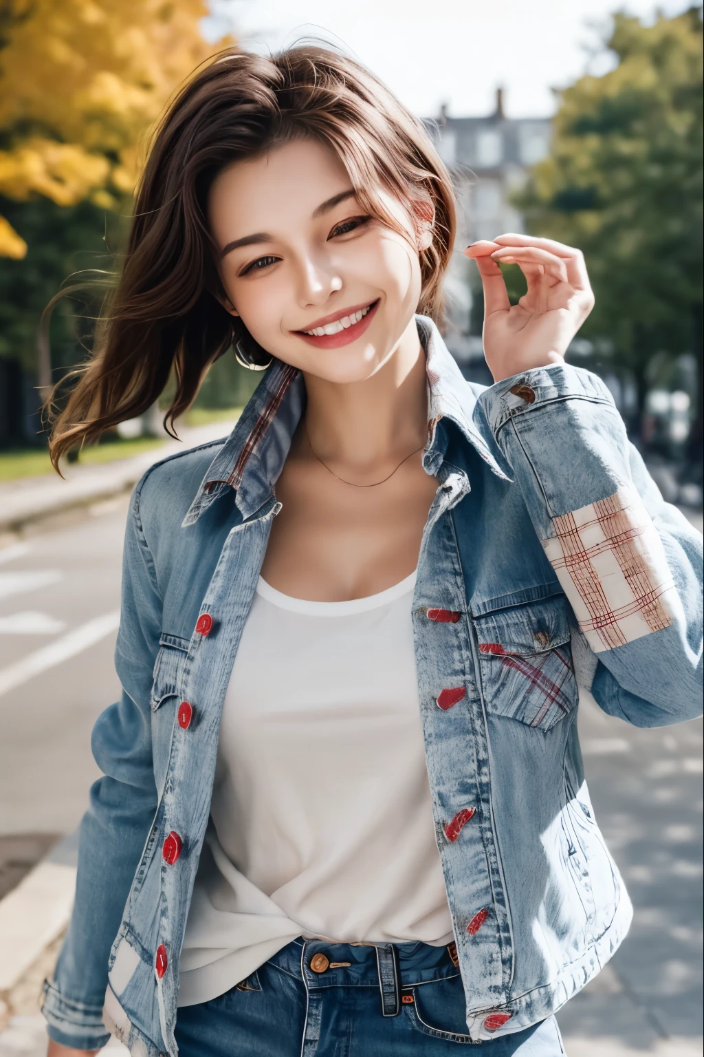 masterpiece, woman, solo, hair over eyes, outdoors, smile, natural lighting, light blue plaid jacket
