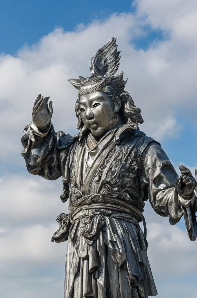 (Highest quality、High resolution、8K、Accuracy、masterpiece: 1.2)。世にも奇妙なgod様。god々Successfully超巨大なgodが、Floating in Tokyo, Japan。It has a strange atmosphere, but it blends in naturally with the city of Tokyo.。A clear blue sky with a face reaching above the clouds。god々Successfully、False、しかしgod様。A large Noh mask-like face、Or、Fallen angel-like appearance。白Silver、Money、Silver。Fancy decoration。kimono。