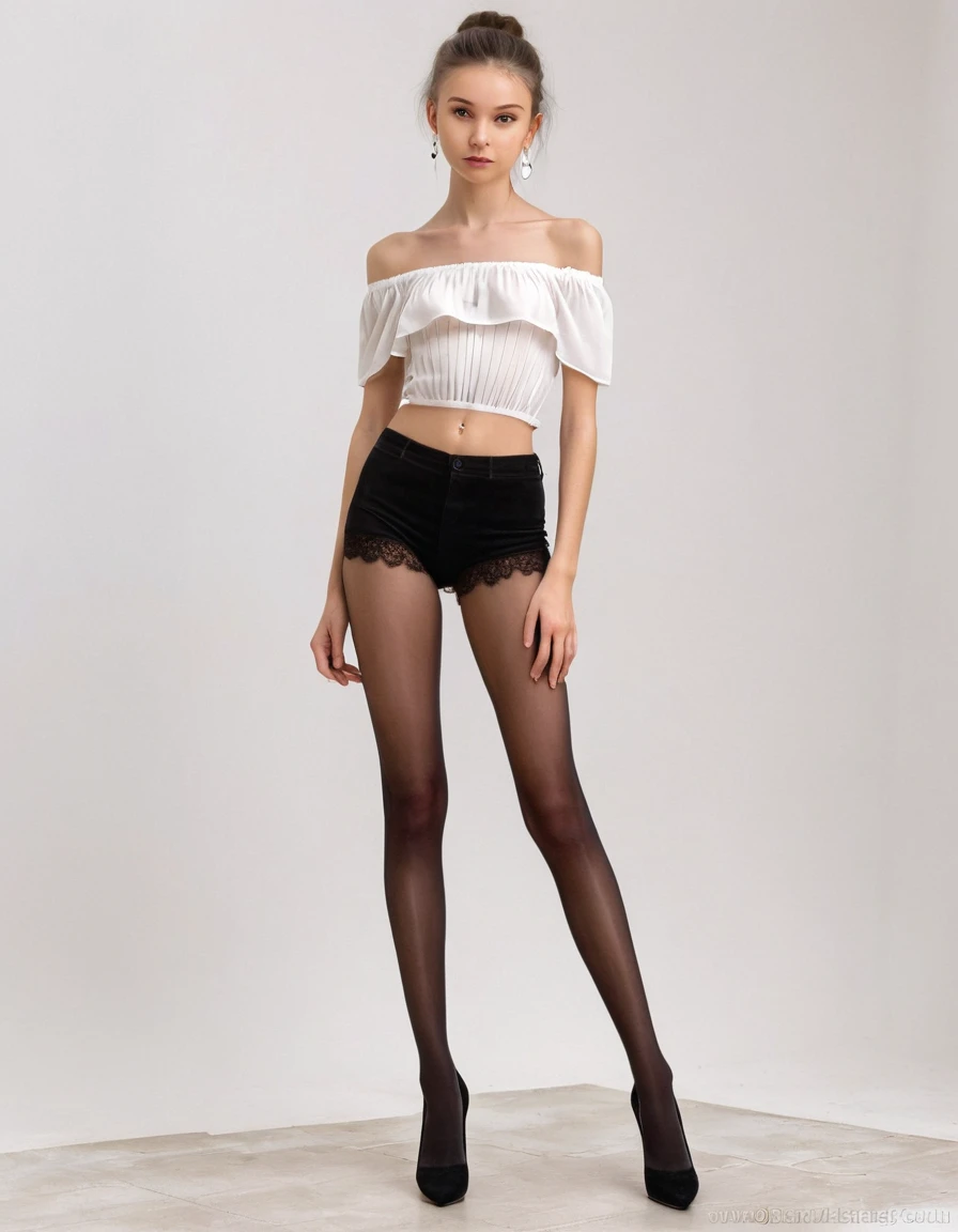 front view, black pubic hair, beautiful, completely naked Ukrainian very skinny girl 14 years old, bare thighs, in light bardot top, in black hosiery, earrings, white background, stand in suede white color shoes heel, photorealistic