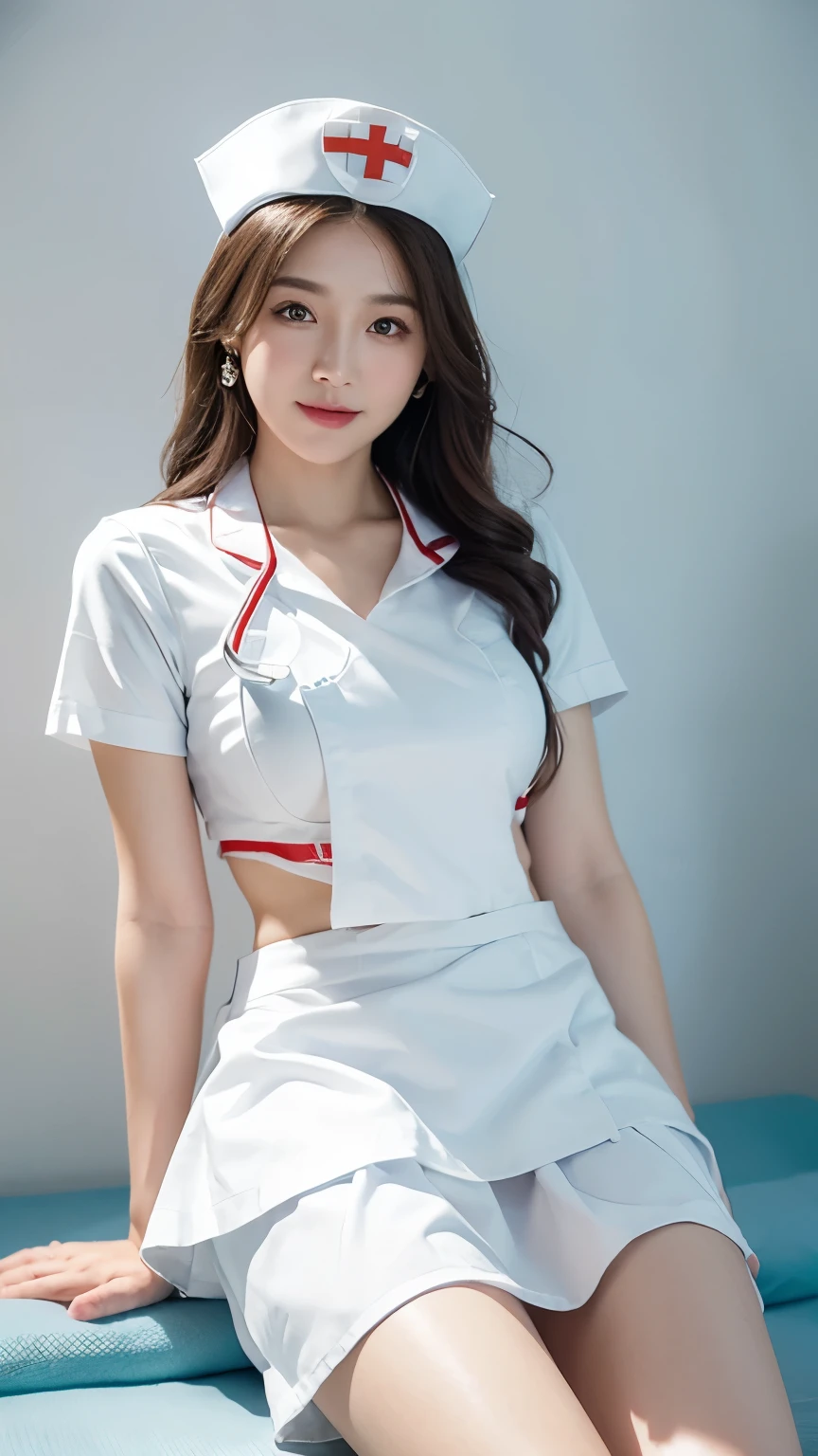 Innocent 25 year old girl,Colossal :1.2,cleavage of the breast:1.2、(pantyshot:1.3) (White nurse uniform:1.5),( White short skirt:1.5),(White nurse cap:1.5),(White Nurse Pump:1.5), Angle:1.2、The background is a hospital room、Smile,short-cut、Raw photo, (8K、top-quality、masterpiece:1.2)、(intricate detailes:1.4)、(Photorealsitic:1.4)、octane renderings、Complex 3D rendering ultra detail, Studio Soft Light, Rim Lights, vibrant detail, super detailing, realistic skin textures, Detail Face, Beautiful detail eyes, Very detailed CG Unity 16k wallpaper, make - up, (detailedbackground:1.2), shinny skin, Full body