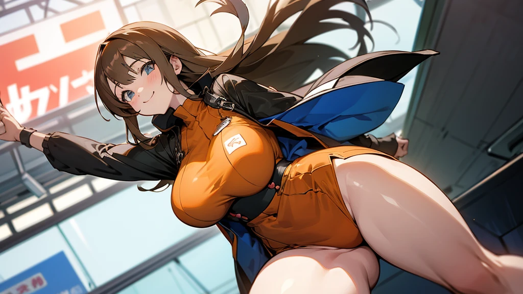 Thick thighs,Anime Style,A detailed background with many people,Akihabara Station,Smiling beautiful girl,Large Breasts