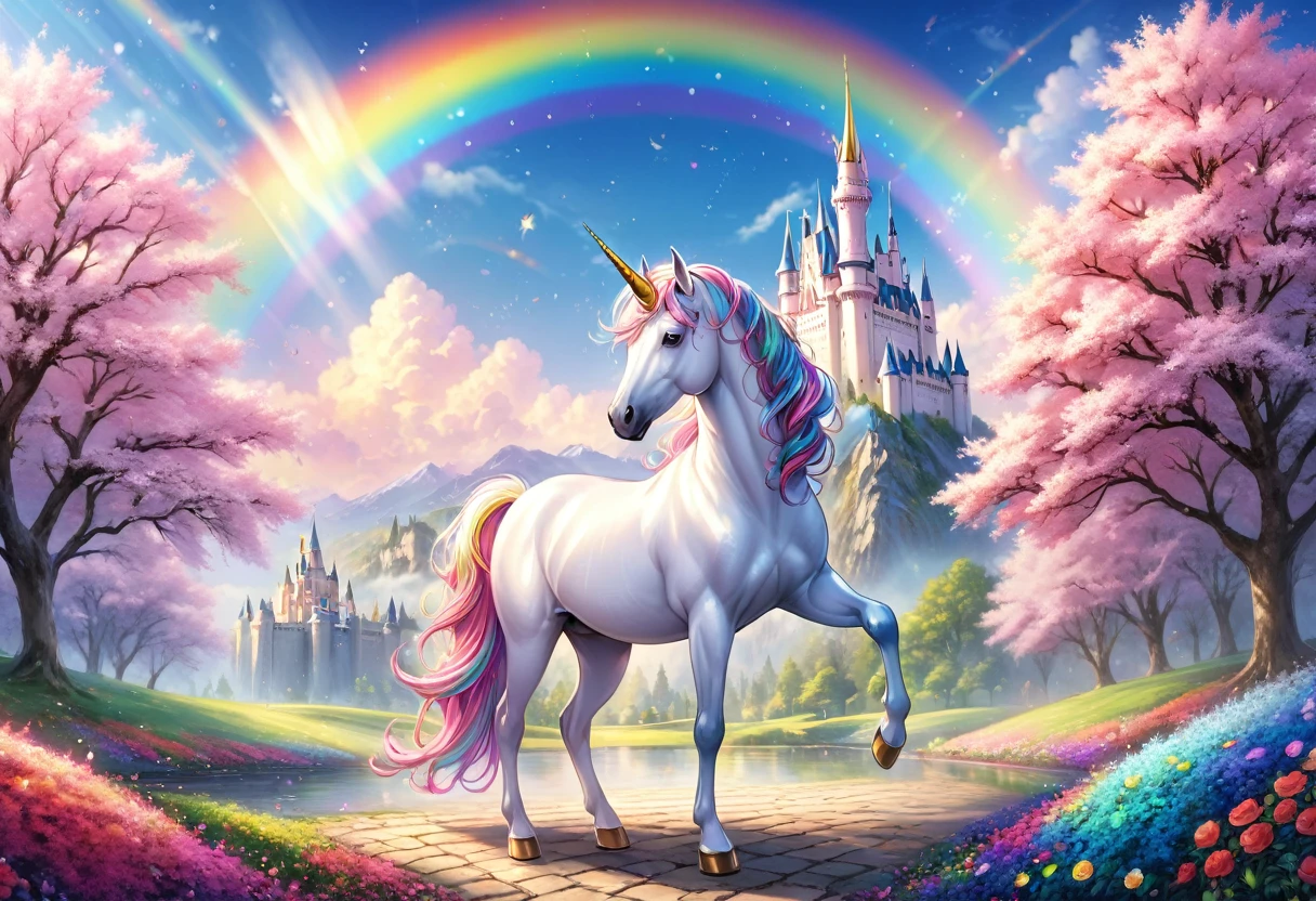 Pattern pattern，unicorn, rainbow, castle, pink background, 独奏, (best quality,4K,8K,highres,masterpiece:1.2),ultra-detailed,(realistic,photorealistic,photo-realistic:1.37),HDR,uhd,studio lighting,ultra-fine painting,sharp focus,physically-based rendering,extreme detail description,professional,vivid colors,bokeh,fantasy,whimsical,magical,enchanting,ethereal,Serene,tranquil