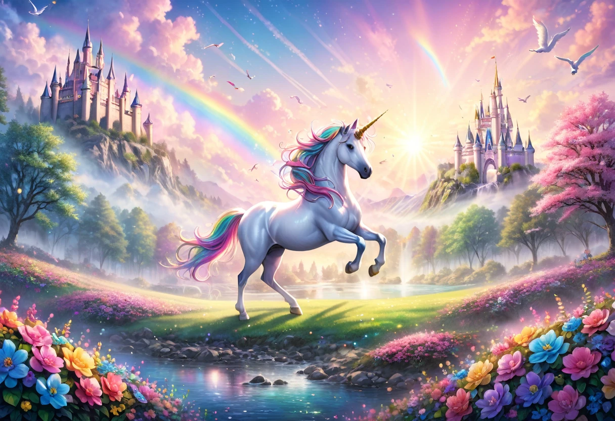 Pattern pattern，unicorn, rainbow, castle, pink background, 独奏, (best quality,4K,8K,highres,masterpiece:1.2),ultra-detailed,(realistic,photorealistic,photo-realistic:1.37),HDR,uhd,studio lighting,ultra-fine painting,sharp focus,physically-based rendering,extreme detail description,professional,vivid colors,bokeh,fantasy,whimsical,magical,enchanting,ethereal,Serene,tranquil