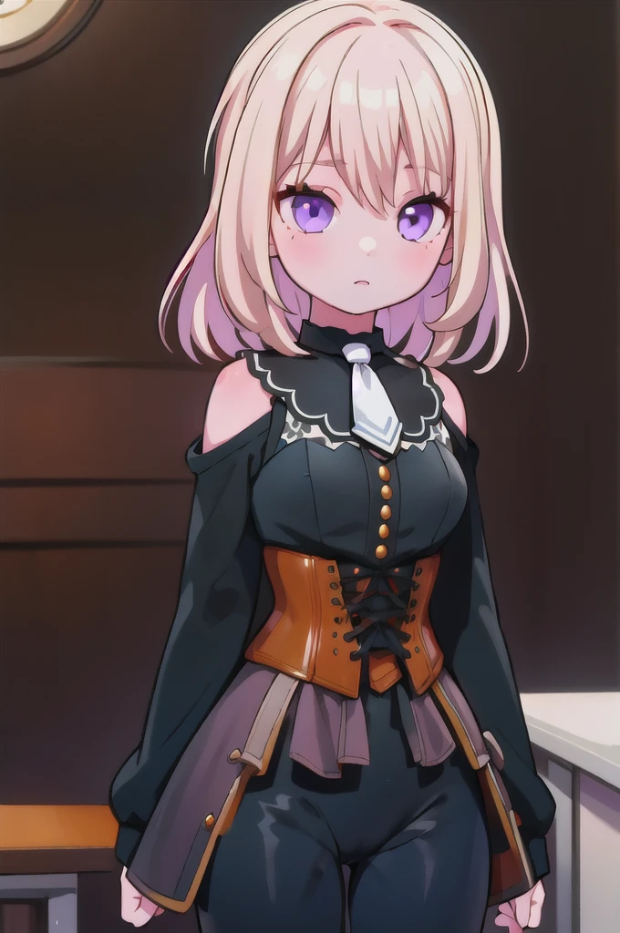 (masterpiece, best quality), 1girl, misumi uika, black dress, sleeveless dress, bare shoulders, bare arms, belt, white belt, white necktie, || misumi uika, doloris, shoulder cutout, black pants, corset, long sleeves, bare shoulders, black dress, puffy long sleeves, black shirt, belt, choker, white ascot,