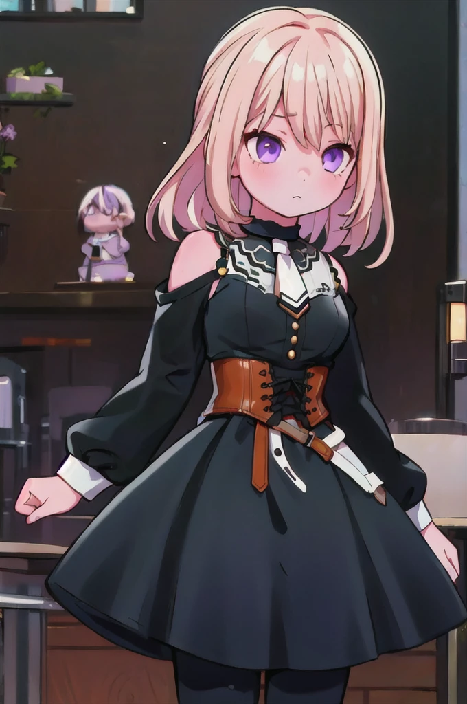 (masterpiece, best quality), 1girl, misumi uika, black dress, sleeveless dress, bare shoulders, bare arms, belt, white belt, white necktie, || misumi uika, doloris, shoulder cutout, black pants, corset, long sleeves, bare shoulders, black dress, puffy long sleeves, black shirt, belt, choker, white ascot,