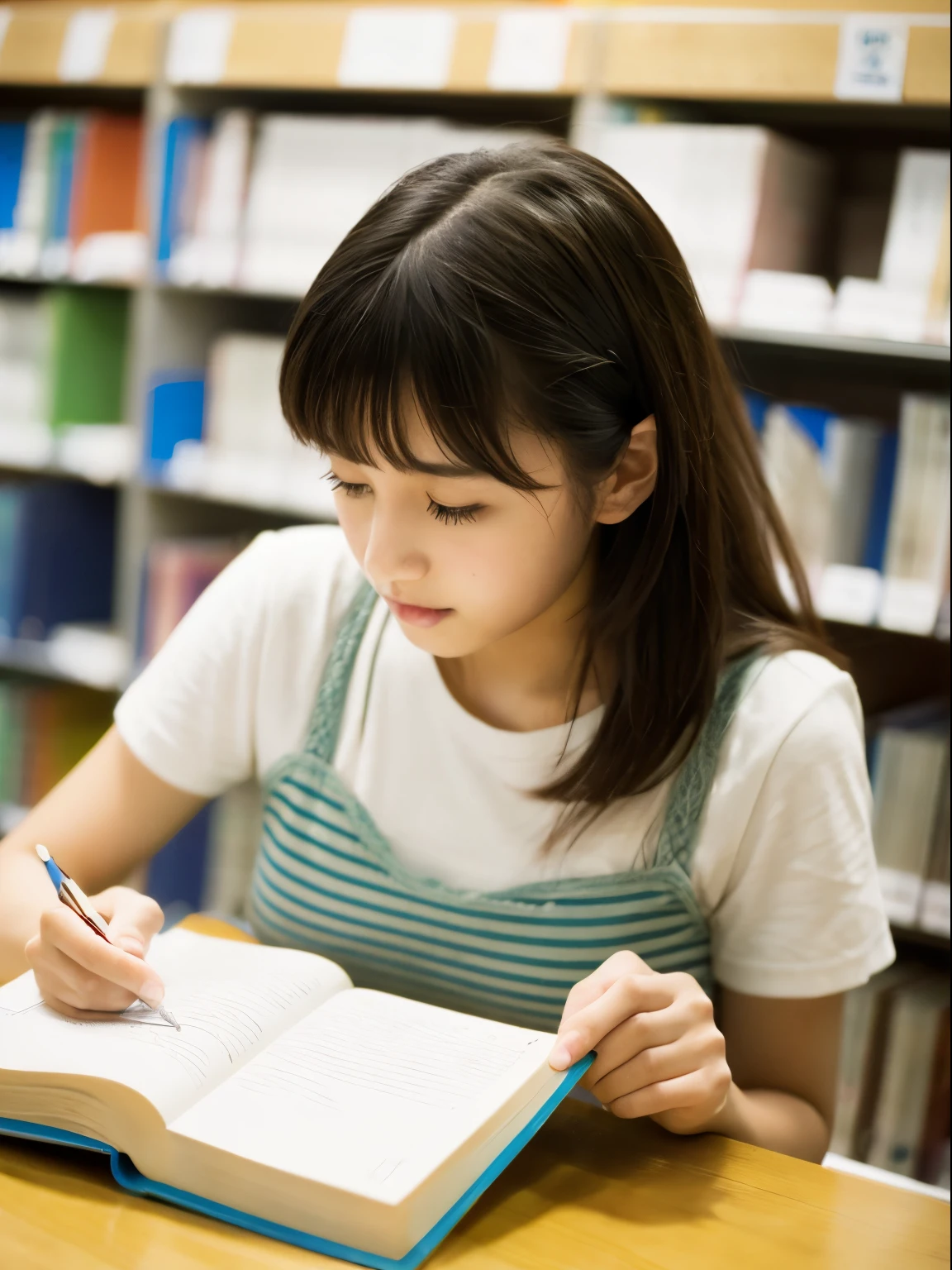 (8k, Top quality, Masterpiece:1.2), (Realistic, photo-realistic:1.37), Super detailed, perfect anatomy, cute, small eyes, short sleeve, 18 years old, a Japanese, girl, reading a book, in the library,