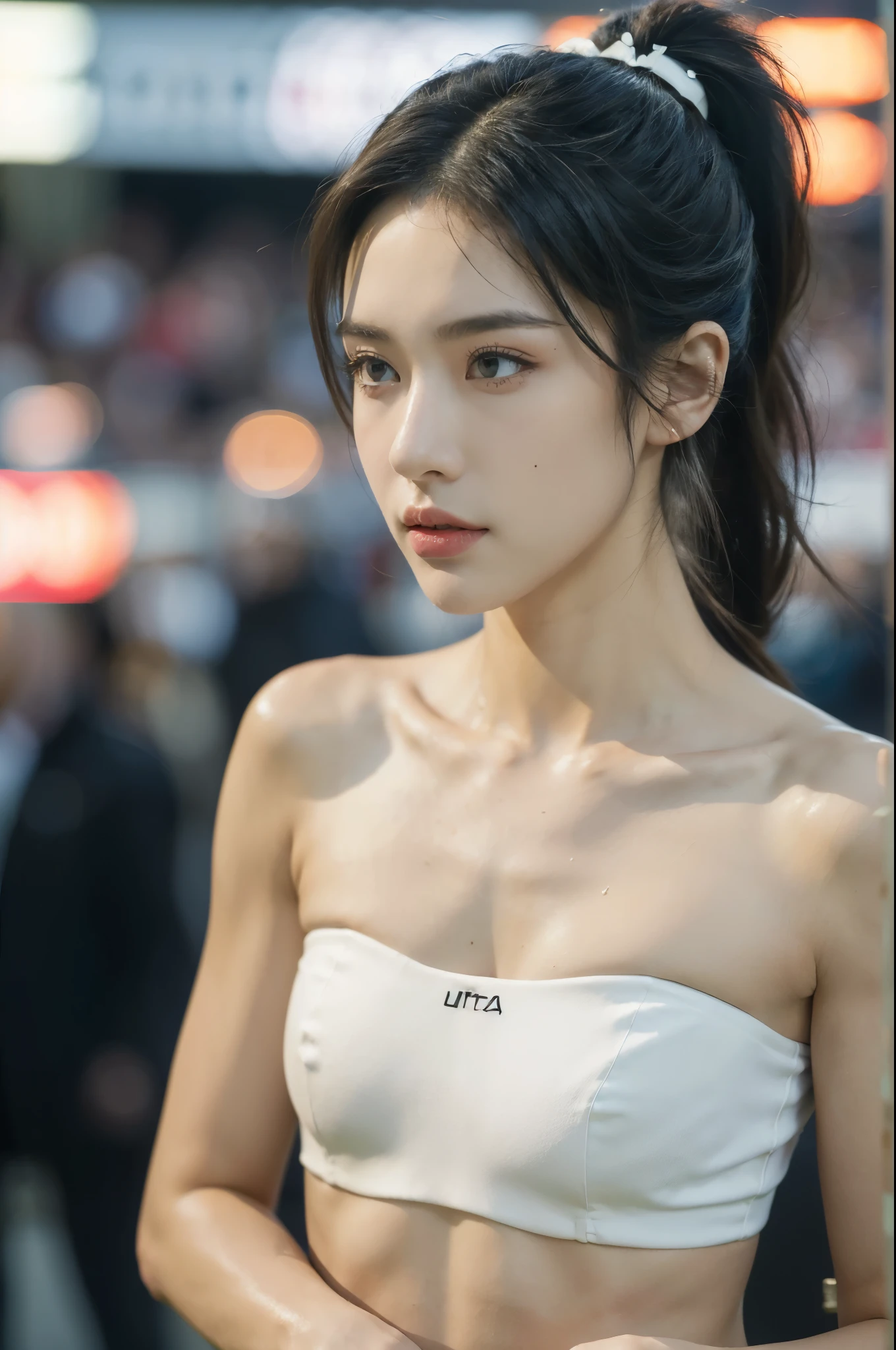 (((best quality))),(((ultra detailed))),(((masterpiece))),illustration,((1 beautiful girl,female footballer,solo)),((small breasts,flat chest)),((slim,thin)),summer night,stadium,crowded stands,enthusiastic spectators,football match,(short ponytail:1.2),((strapless white bra)),(football:1.3),fluid movements,powerful,sweat,forehead,exhaustion,passion for football,purposeful running,electric atmosphere,crowd roar,critical juncture,pressure,undeterred,floodlights,luminous glow,long shadows,drama,breathtaking sight,raw passion,unbridled energy,determination,skill,embodiment of sport's spirit,strength,resilience of human spirit,(standing:1.3),((from front,close-up of face))