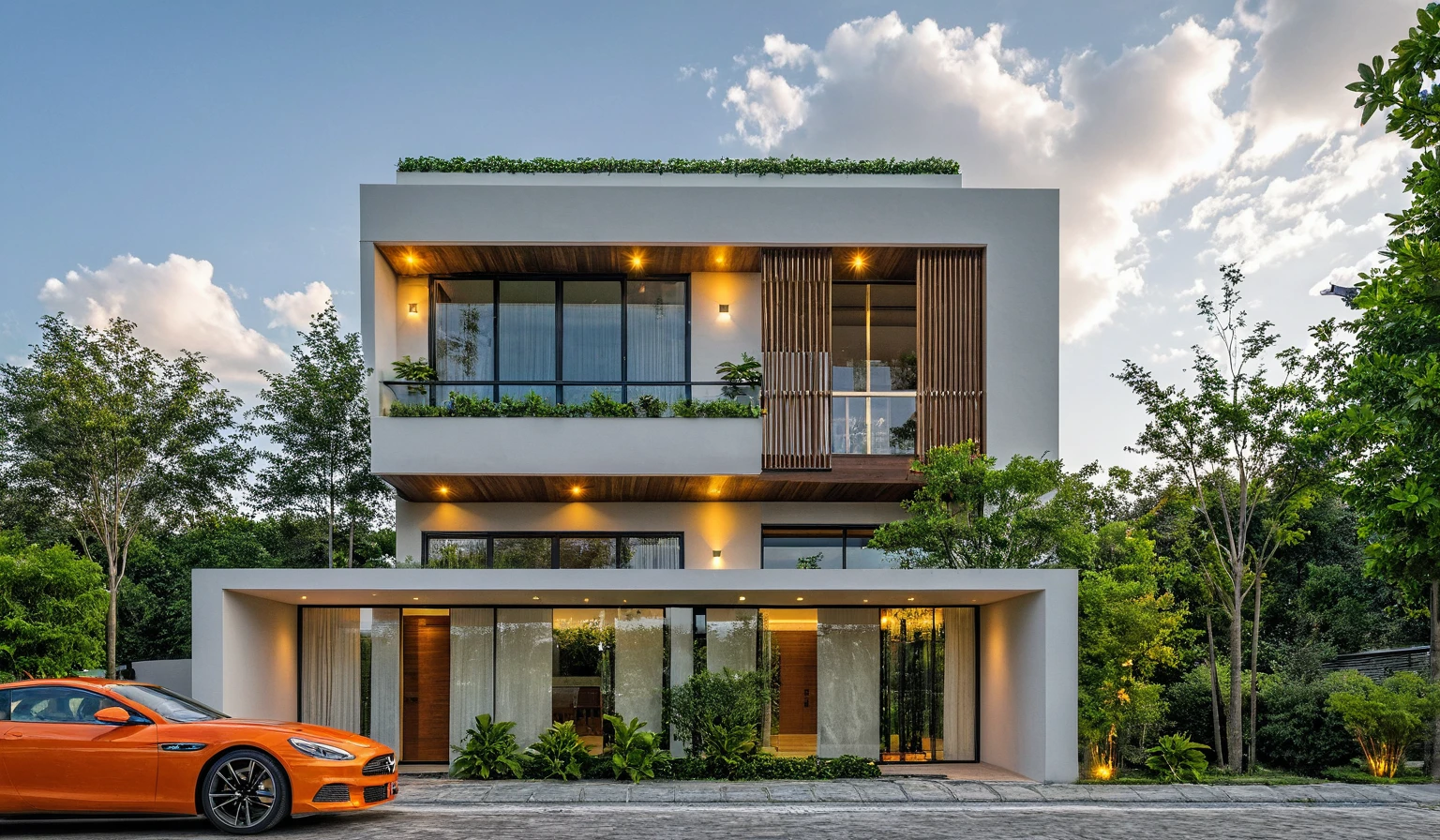 Masterpiece, high quality, best quality, authentic, super detail, outdoors, onestoreyvillaXL, aiaigroup, house style modern on the street ,stairs, white wall ,road,pavement, grass, trees, sky, cloud, (daylight:1.1)