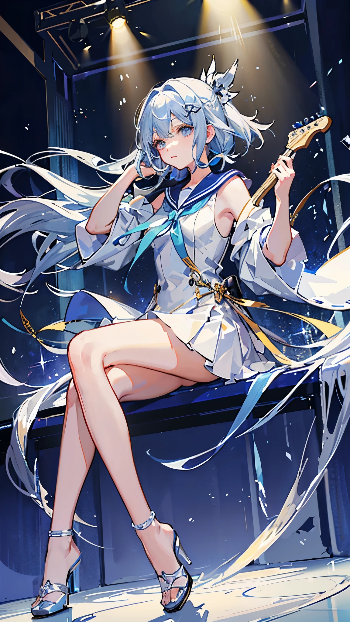 I have a guitar、The background is the stage of the hall.、Crystal clear light blue hair、Her hair is gradated and white from the hairline to the middle.、Hair length is up to the knees、A shiny, light blue sailor suit、The hair ornament is glittering gold.、Silver hair ornament、She has big breasts、Adult face、