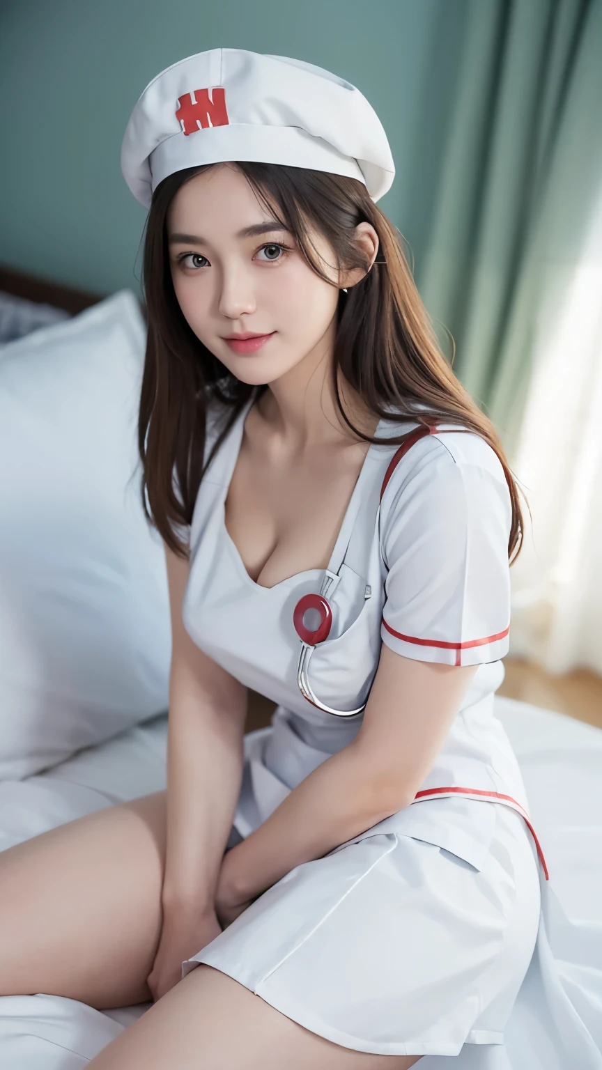 Innocent 25 year old girl，Colossal :1.2,cleavage of the breast:1.2、(pantyshot:1.3) (White nurse uniform:1.5),( White short skirt:1.5),(White nurse cap:1.5),(White Nurse Pump:1.5), Angle:1.2、The background is a hospital room、Smile,short-cut、Raw photo, (8K、top-quality、​masterpiece:1.2)、(intricate detailes:1.4)、(Photorealsitic:1.4)、octane renderings、Complex 3D rendering ultra detail, Studio Soft Light, Rim Lights, vibrant detail, super detailing, realistic skin textures, Detail Face, Beautiful detail eyes, Very detailed CG Unity 16k wallpaper, make - up, (detailedbackground:1.2), shinny skin, Full body