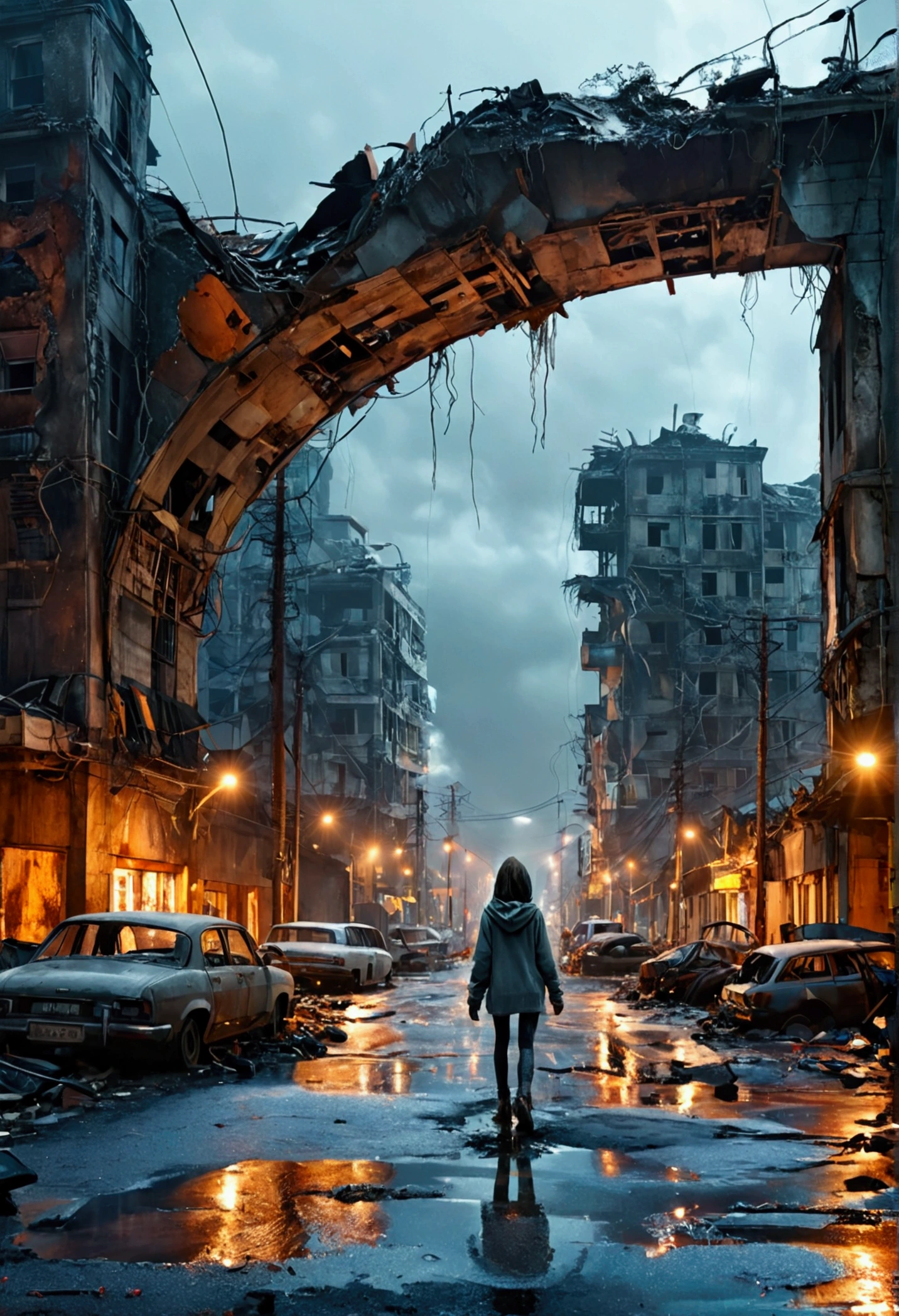 Image taken from a height of 1 metre。The crumbling grey concrete curved viaduct、Supported by wide, tall car pillars、Passing through the heart of a modern, ultra-futuristic, ruined city、Rusty, abandoned and dirty cars and buses standing upside down on the street。, Dirty modern circular building in ruins and crumbling, Gray Environment, night空, dark, night, Images with shades of grey, Rain and puddles on the ground, Nuclear apocalypse with smoke rising from buildings, The traffic lights went out and the electric pole fell over.、Cityscape with electric pole wires lying on the ground, There is a rusty chain link fence around the building., Signs and lights go out、Falling from buildings。, Many buildings are collapsing on the horizon, Some buildings have collapsed, Debris and trash on the street, There is a girl with dirty clothes, Walking down the street in torn clothes and with his hood up, looking at the horizon, Be as realistic as possible, high quality, 4K, Ultra-detailed