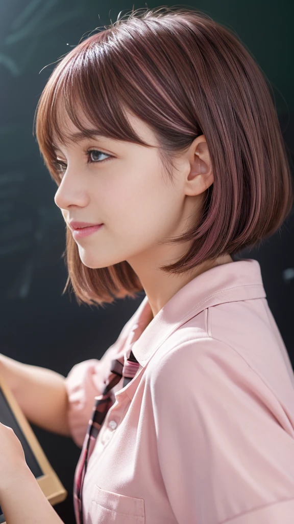 ((High School Uniform))、(Blackboard background、Pink brown hair color:1.4)、Filmed in a school classroom、(School classroom with windows)、(8K、Live Shooting、Highest quality、masterpiece:1.2)、High-quality RAW color photos、Professional photos、(Genuine、フォトGenuine:1.37)、Photographed in natural light、1 Girl、A sloppy smile、(Various poses)、necklace、(Beautiful profile:1.3)、profile、Shortcuts、short hair、The eye color is dark brown、(Beautiful profile:1.3)、Correct hand of human body、Pastel colored clothes、Woman with single eyelid、The correct state of the human body、Natural  lip、Shot in well-lit areas、The gesture of brushing back hair