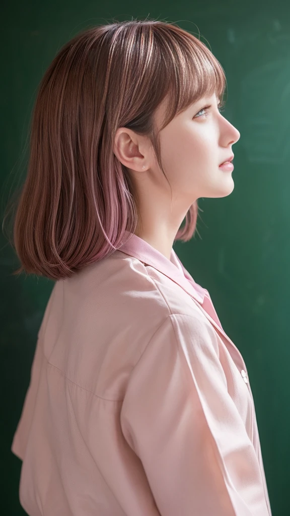 ((High School Uniform))、(Blackboard background、Pink brown hair color:1.4)、Filmed in a school classroom、(School classroom with windows)、(8K、Live Shooting、Highest quality、masterpiece:1.2)、High-quality RAW color photos、Professional photos、(Genuine、フォトGenuine:1.37)、Photographed in natural light、1 Girl、A sloppy smile、(Various poses)、necklace、(Beautiful profile:1.3)、profile、Shortcuts、short hair、The eye color is dark brown、(Beautiful profile:1.3)、Correct hand of human body、Pastel colored clothes、Woman with single eyelid、The correct state of the human body、Natural lip、Shot in well-lit areas、The gesture of brushing back hair