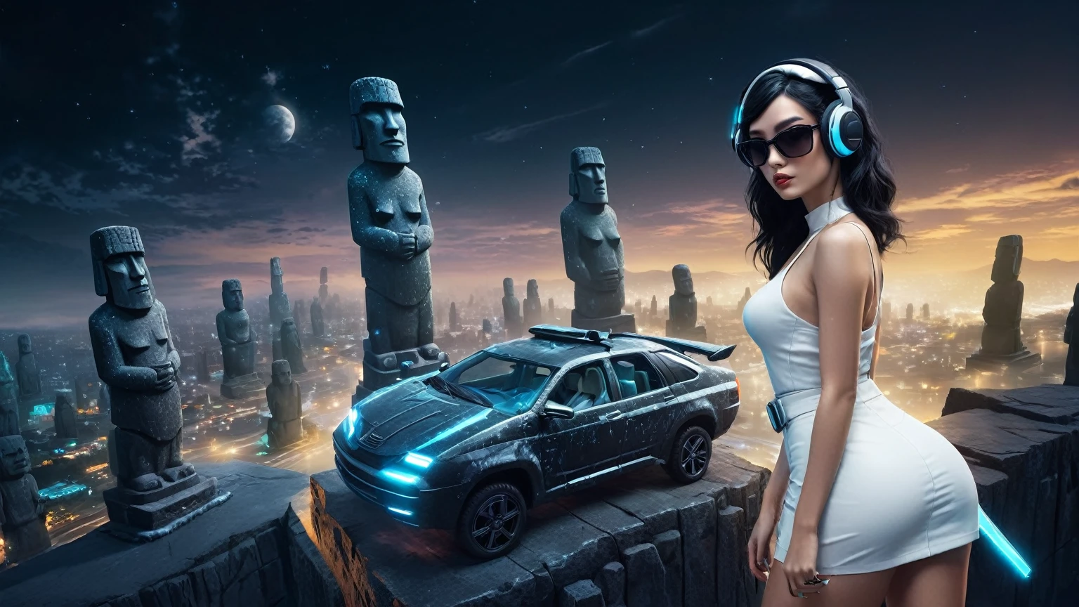 At night, dark sky, distant shot aerial view of fantasy cyberpunk style ice ((Moai-statue)) city, ((flying car)). ((1girl, solo, alone)), medium-breast:1.1 slim body, cleavage, sexy clothes, (headphone, black sunglasses, long black realistic hair), (((hip-up standing and holding pistol))), half-body thigh level medium shot, cinematic lighting.