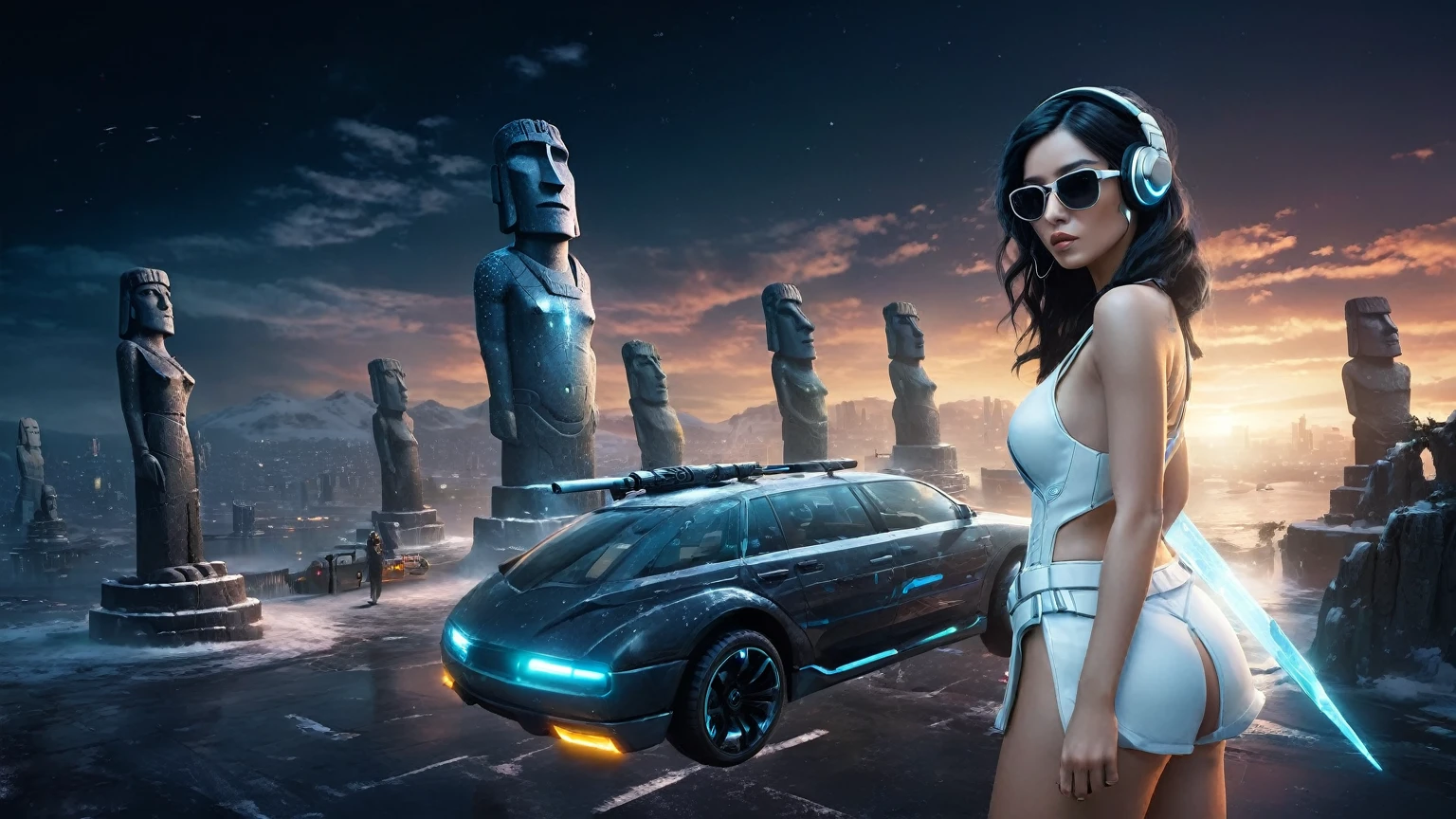 At night, dark sky, distant shot aerial view of fantasy cyberpunk style ice ((Moai-statue)) city, ((flying car)). ((1girl, solo, alone)), medium-breast:1.1 slim body, cleavage, sexy clothes, (headphone, black sunglasses, long black realistic hair), (((hip-up standing and holding pistol))), half-body thigh level medium shot, cinematic lighting.