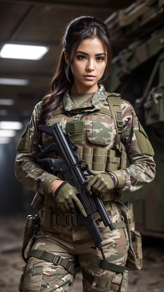 ((masterpiece、top-quality、realisitic、ultra-detailliert、hight resolution、Photorealsitic、foco nítido、lighting like a movie))、Stunning portrait of a beautiful woman、bustshot、Focus from the chest up、sad Facial expression、Beautiful detailed eyeedium Hair、Army camouflage uniform、Camouflage Tactical Vest、Long trousers with camouflage pattern、Combat gloves、rucksack、Black Military Undershirt、Tanks on the background、White smoke、Detailed hand depiction、Latina, large breast, carrying pistol
