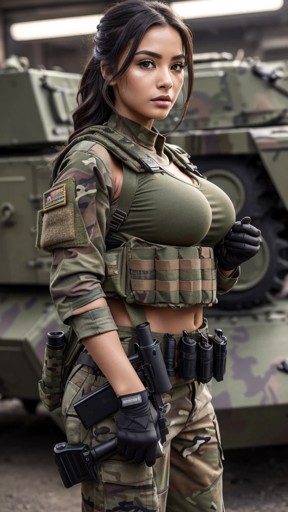 ((masterpiece、top-quality、realisitic、ultra-detailliert、hight resolution、Photorealsitic、foco nítido、lighting like a movie))、Stunning portrait of a beautiful woman、bustshot、Focus from the chest up、sad Facial expression、Beautiful detailed eyeedium Hair、Army camouflage uniform、Camouflage Tactical Vest、Long trousers with camouflage pattern、Combat gloves、rucksack、Black Military Undershirt、Tanks on the background、White smoke、Detailed hand depiction、Latina, large breast, carrying pistol