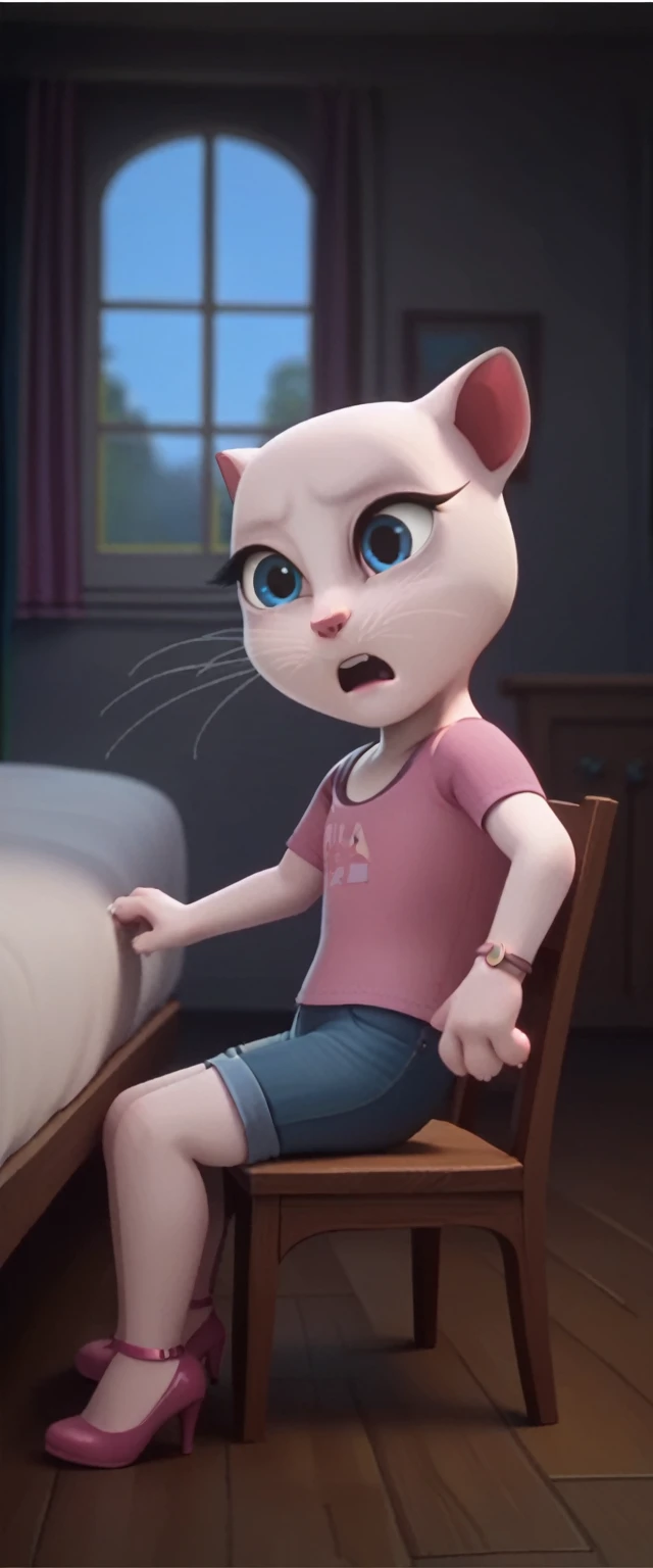 solo focus, a_la, 1girl, cat, white fur, long whiskers on both sides of the face, big bright blue eyes, big black eyelashes, pink nose, triangular ears with pink channels, high heels.short jeans pulled down. 1 girl and 1 boy human. side view. in bed. woman facing back The man is sitting on the chair. Woman sits on man anal screaming, lying, at home, looking back, big penis, 1 male rape, girl . Score_9, Score_8_up, Score_7_