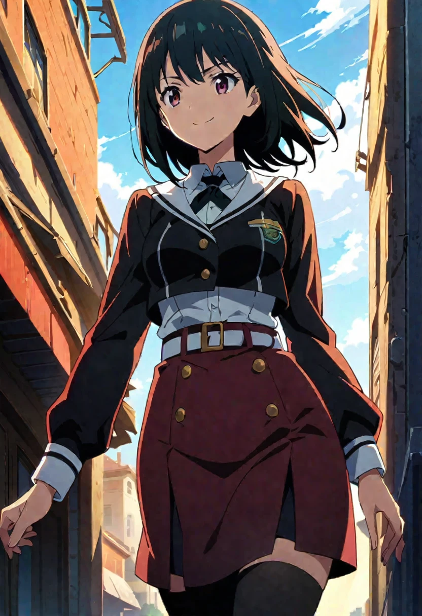 no lineart、(Highest quality:1.2, Very detailed, Anime Style, Digital Painting, Studio Anime, Ultra-high resolution, High Contrast, masterpiece:1.2, Highest quality, Best aesthetics), 1 female, high school student、skirt、Thin the line、Ultra-fine lines、no lineart、アニメ screencap,Giant Woman、smile、アニメ