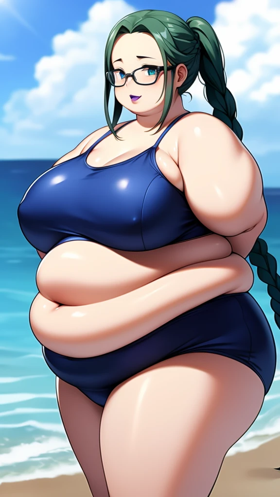 Anime Women, Adult female、1 person、Detailed face、Forehead、amount、Braided Pigtails、Long Hair、Glasses、Sharp eyes、Thick lips、Purple Lipstick、Painted lips、Very fat、Chubby、obesity、obesity顔、Double chin、Cheek、Thick neck、Big Breasts、Very droopy breasts、Thick upper arms、Thick arms、thick fingers、Fat belly、Flabby belly、Flabby bellyの脂肪、Thick legs、Big Ass、Back fat、bulging fat、Huge、Mermaid Swimsuit、Thick pubic hair、Belly hair、Hairy、sweated profusely、Gloss、Ocean