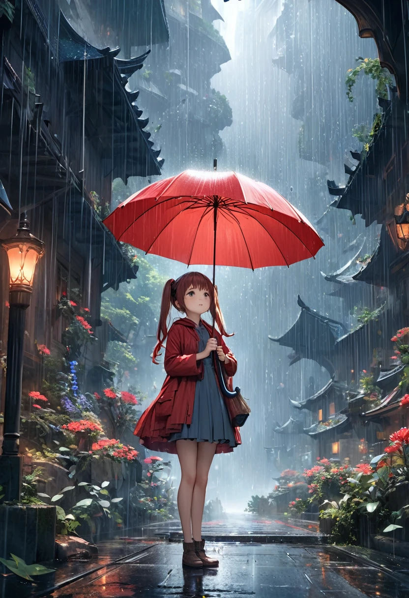 Fantasy CG art,A cute girl is taking shelter from the rain in a fantasy world with an umbrella.The girl has red twin-tails and looks young and cute.hand holding umbrella Looking up at the rain falling from the sky in a fantastical space,Holding a red umbrella,High quality, high image quality,Masterpiece Best Quality 16k.Ultra detail,