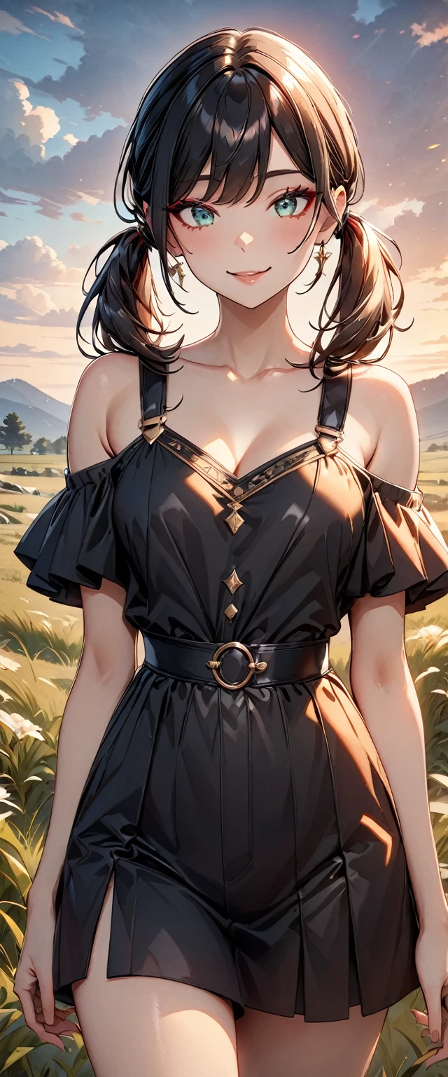 Photo of a woman with natural skin, grassland, Upper Body, Smiling, High Twintails, Black hair with red mesh, Sharp eyes with red eyeshadow, Blue-green eyes, Shining eyes, A thin, upturned nose, Well-shaped lips, ((Black off-the-shoulder dress, Thin shoulder straps)), barefoot, Makeup, Exquisitely crafted with the utmost attention to detail, Vibrant, amazing, Smooth, Cinematic, 4K, Backlight, ((綺麗な星空が見える広いgrassland)), Shallow depth of field, ((Detailed eyes:1.3, Detailed lips:1.3, high quality, )), masterpiece, Super detailed images, High quality