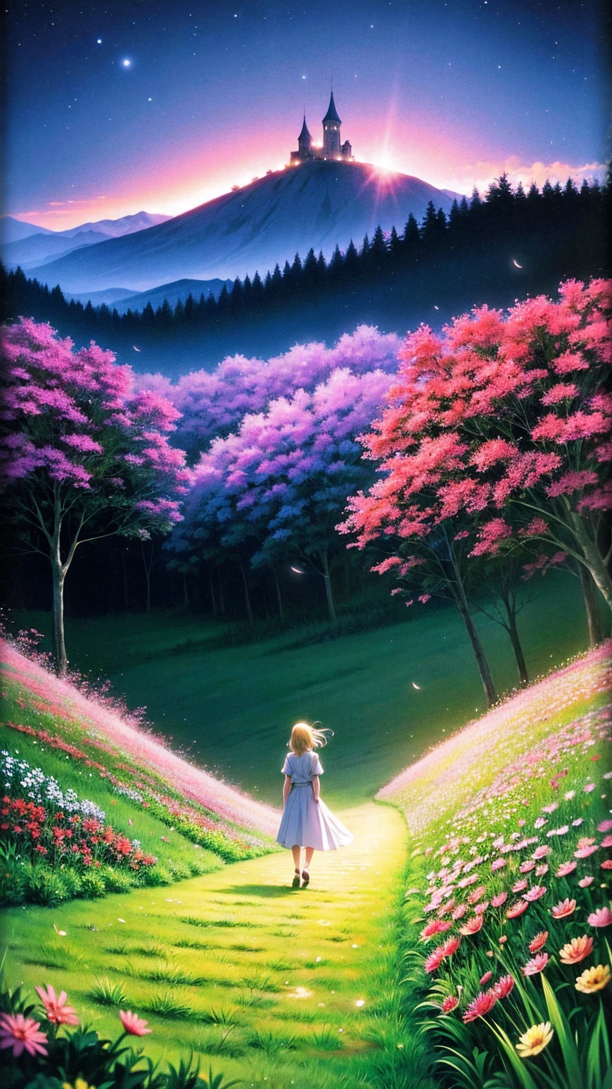 anime-style illustration, A serene landscape featuring a young woman is walking along a path The grassland, litle glowing flowers, fireflies, magical glow, overlooking mountainous valley and the great castle of the kingdom, clear blue sky, few stars. art style: highly saturated and vibrant color style, intense and rich colors vivid. rendered with strong exaggerated colors that enhance the natural beauty, The atmosphere is full of magical color films, High Detail, best quality, 4K.