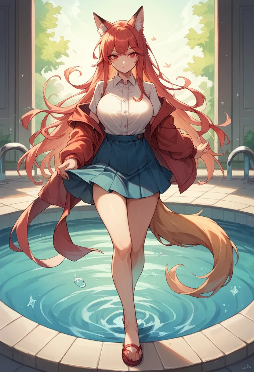 1 fox girl, Scylla, masterpiece, best quality, in a pool, long hair, light smile, large breasts, skirt, red eyes, full body