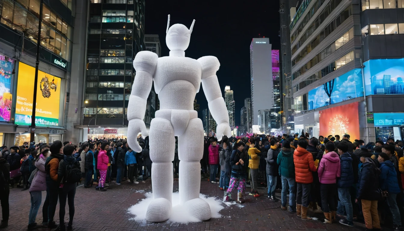 a giant humanoid sculpture made of foam or cotton-like material stands on a city street. The night backdrop features brightly lit skyscrapers, and people are gathered along the street, watching and taking pictures. The entire scene exudes a festive and celebratory atmosphere.