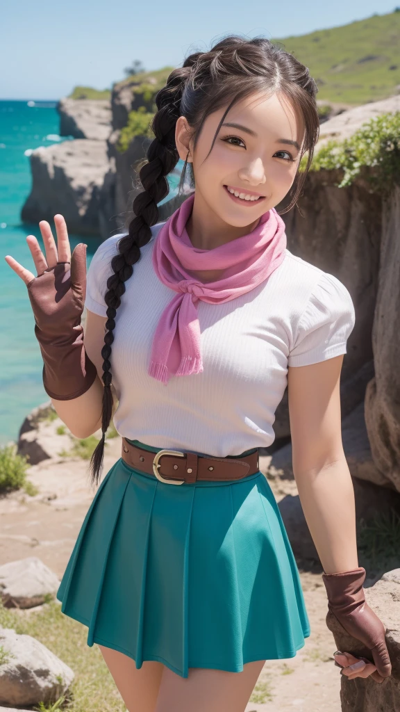 masterpiece, Highest quality, High resolution, Dragon Ball, Bull Pony, Aqua Hair, Hair Ribbon, Braided Ponytail, Pink Shirt, belt, scarf, Pink Skirt, Clothes writing, Brown gloves, Medium chest, Outdoor, Cowboy Shot, wave hands, smile
